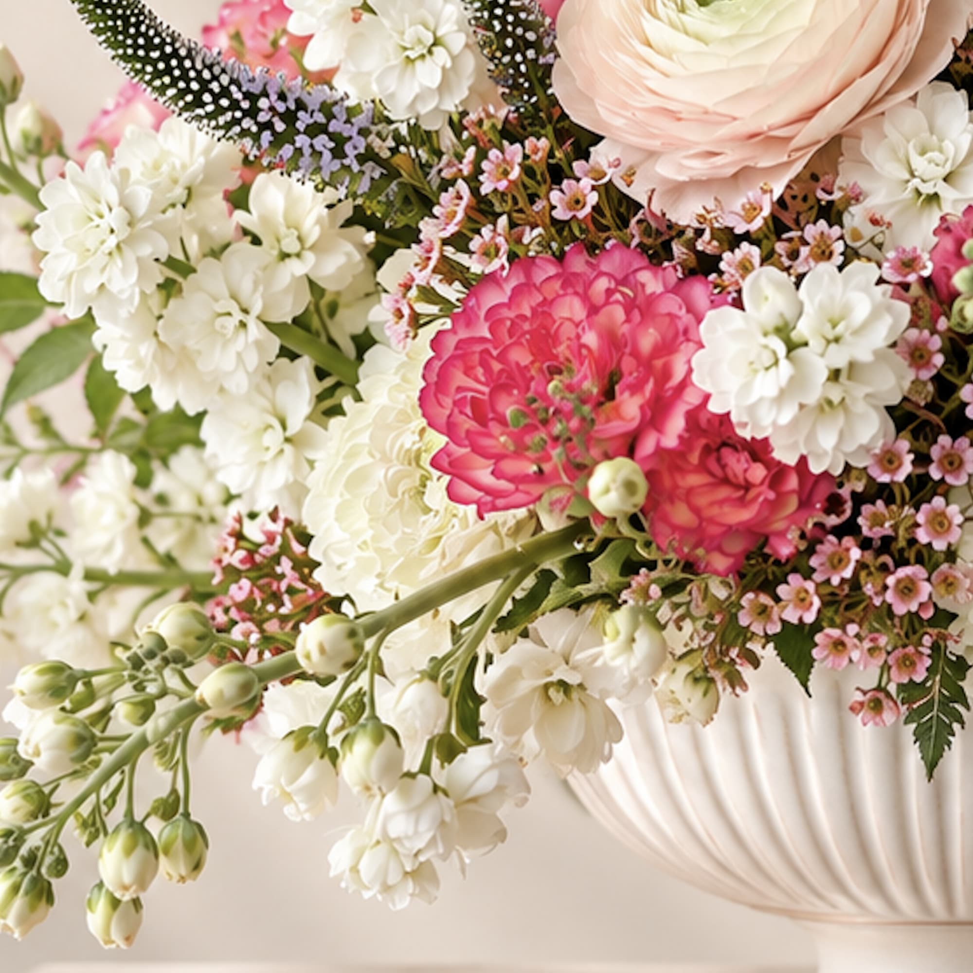 Pink and white mixed flower arrangement in a ribbed white vase