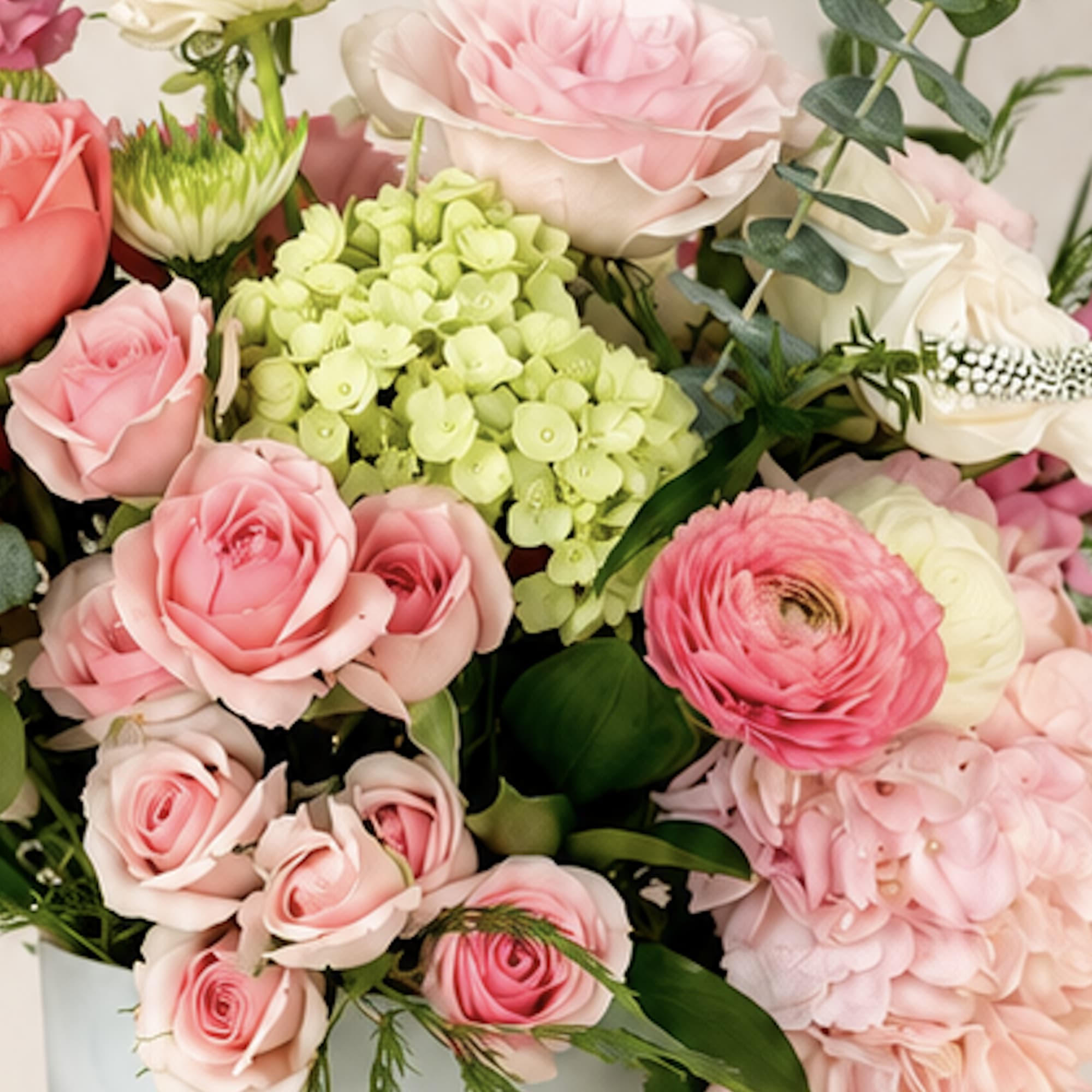 Bouquet of pink roses, green hydrangea, and pale ranunculus