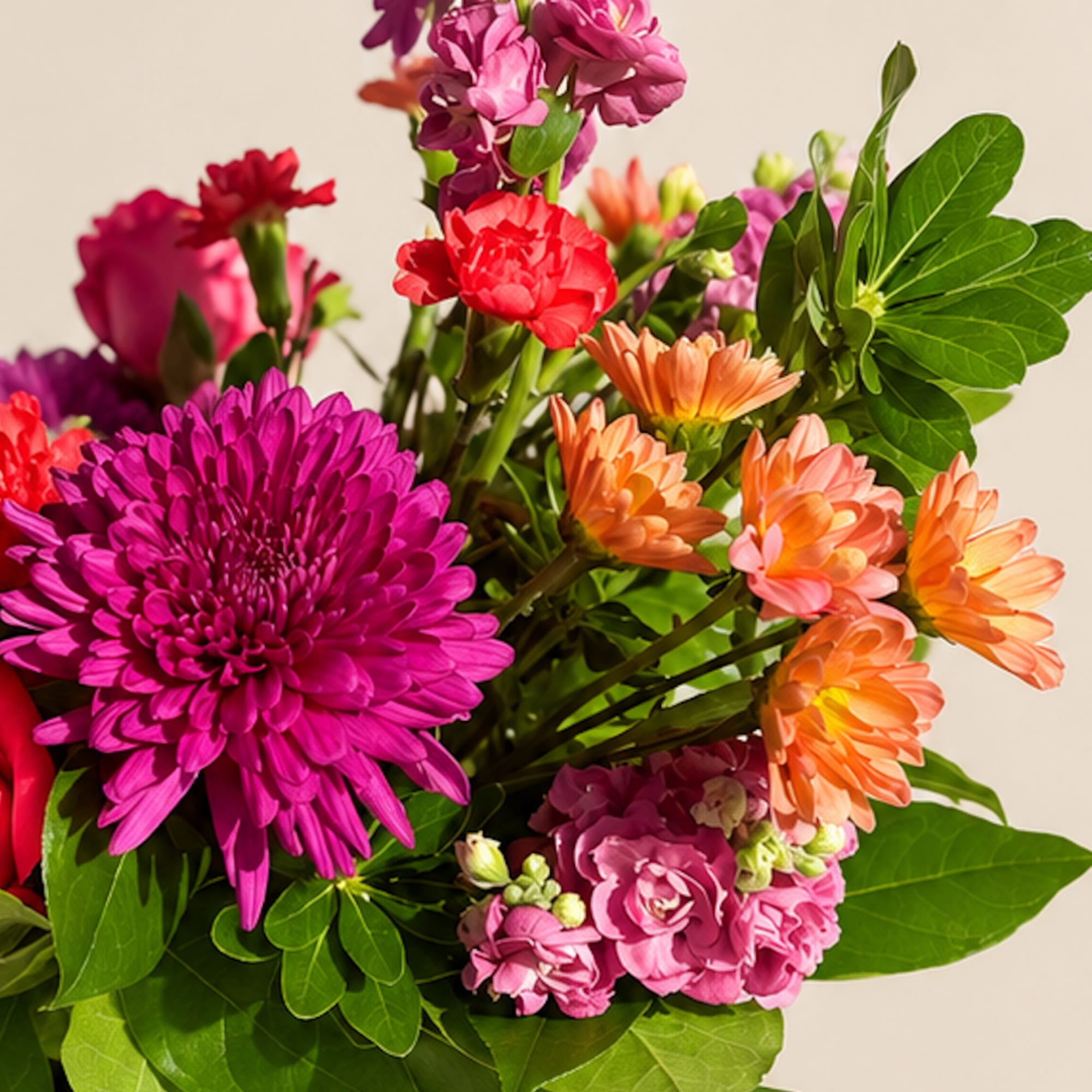 Bright mixed bouquet with magenta, pink, and orange flowers