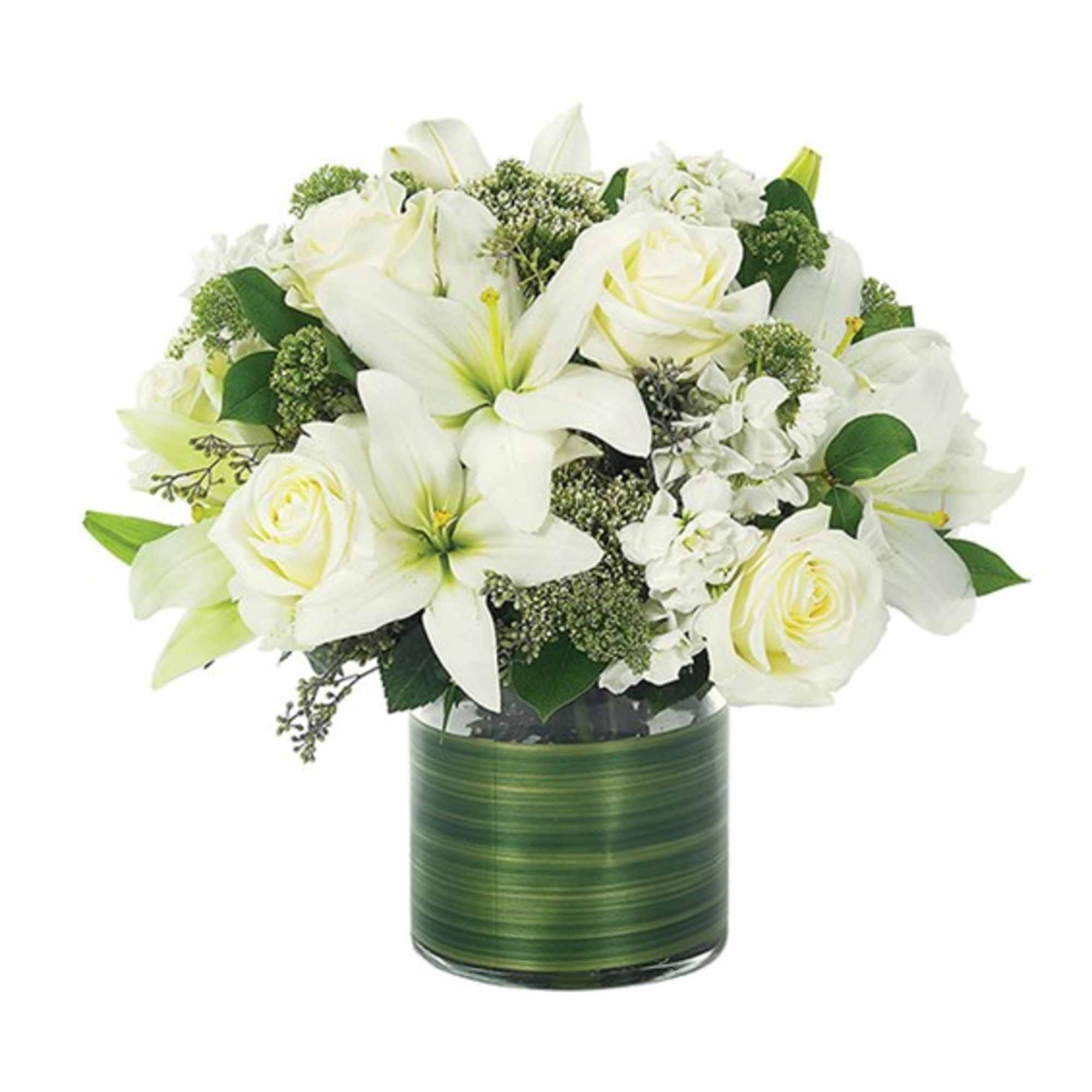 White lilies and roses arranged in a green glass vase