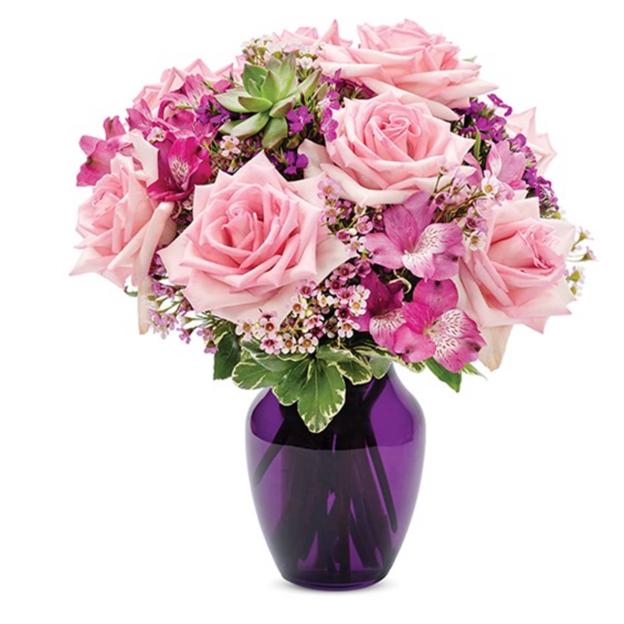 Pink roses and purple flowers arranged in a purple glass vase