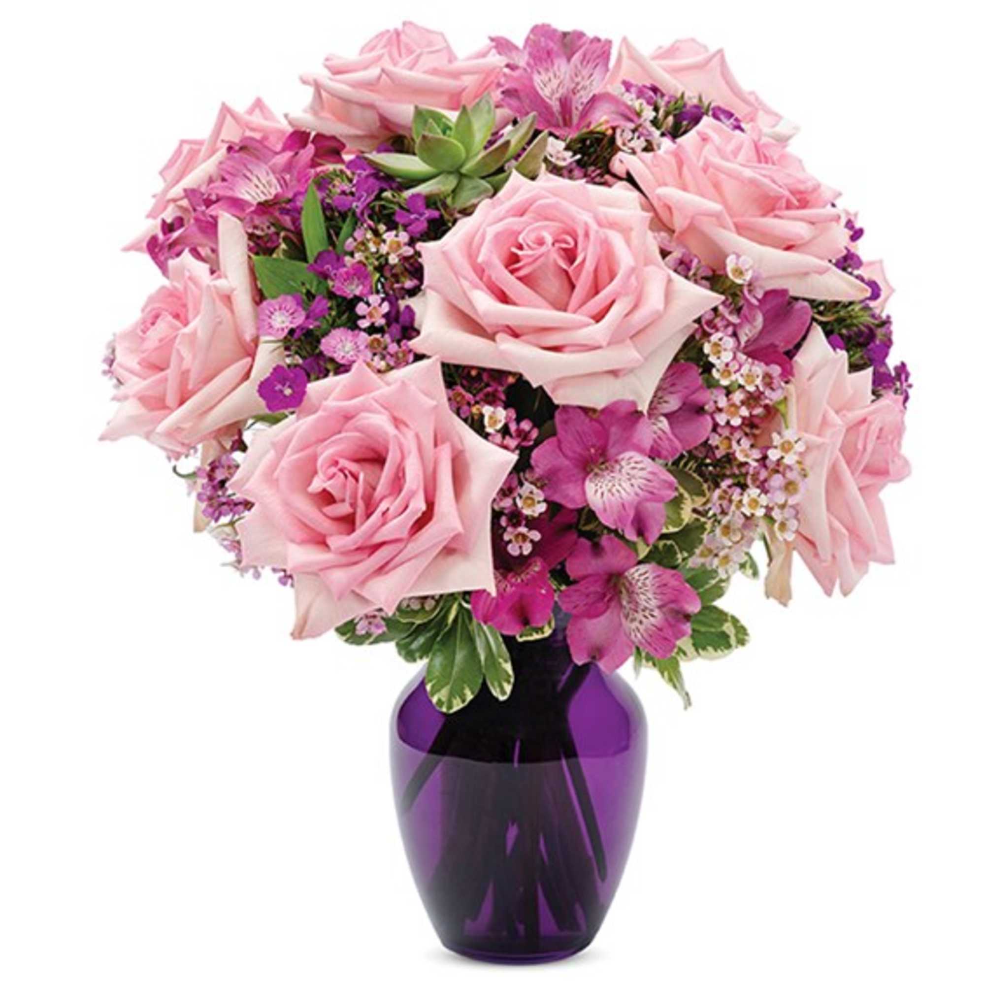 Pink roses and purple flowers arranged in a purple vase