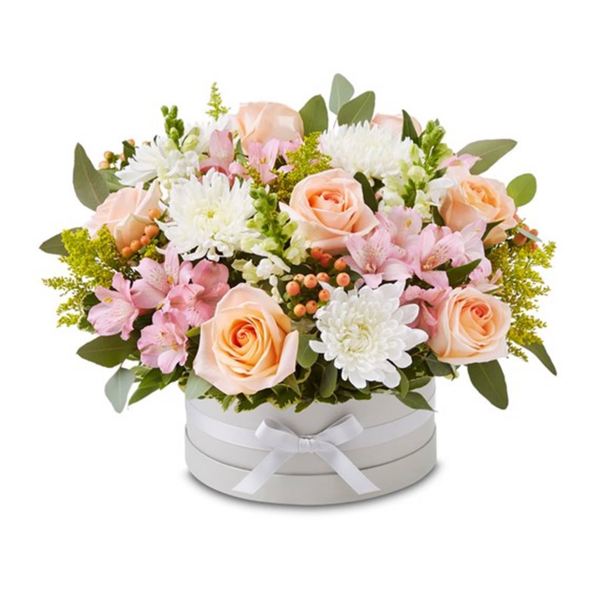 Peach roses and pink-white flowers arranged in a round white box with a ribbon