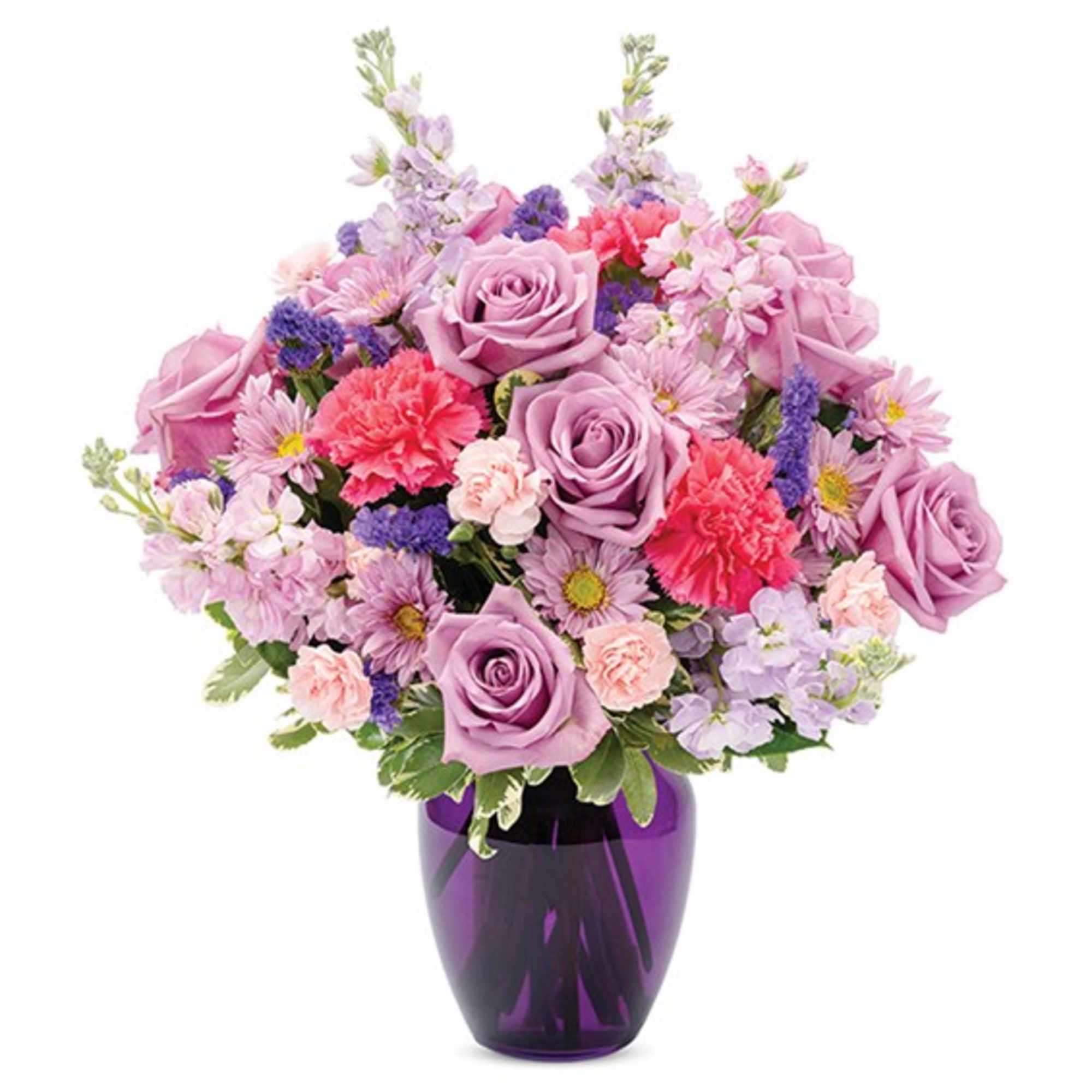 Lavender and pink mixed bouquet in a purple glass vase