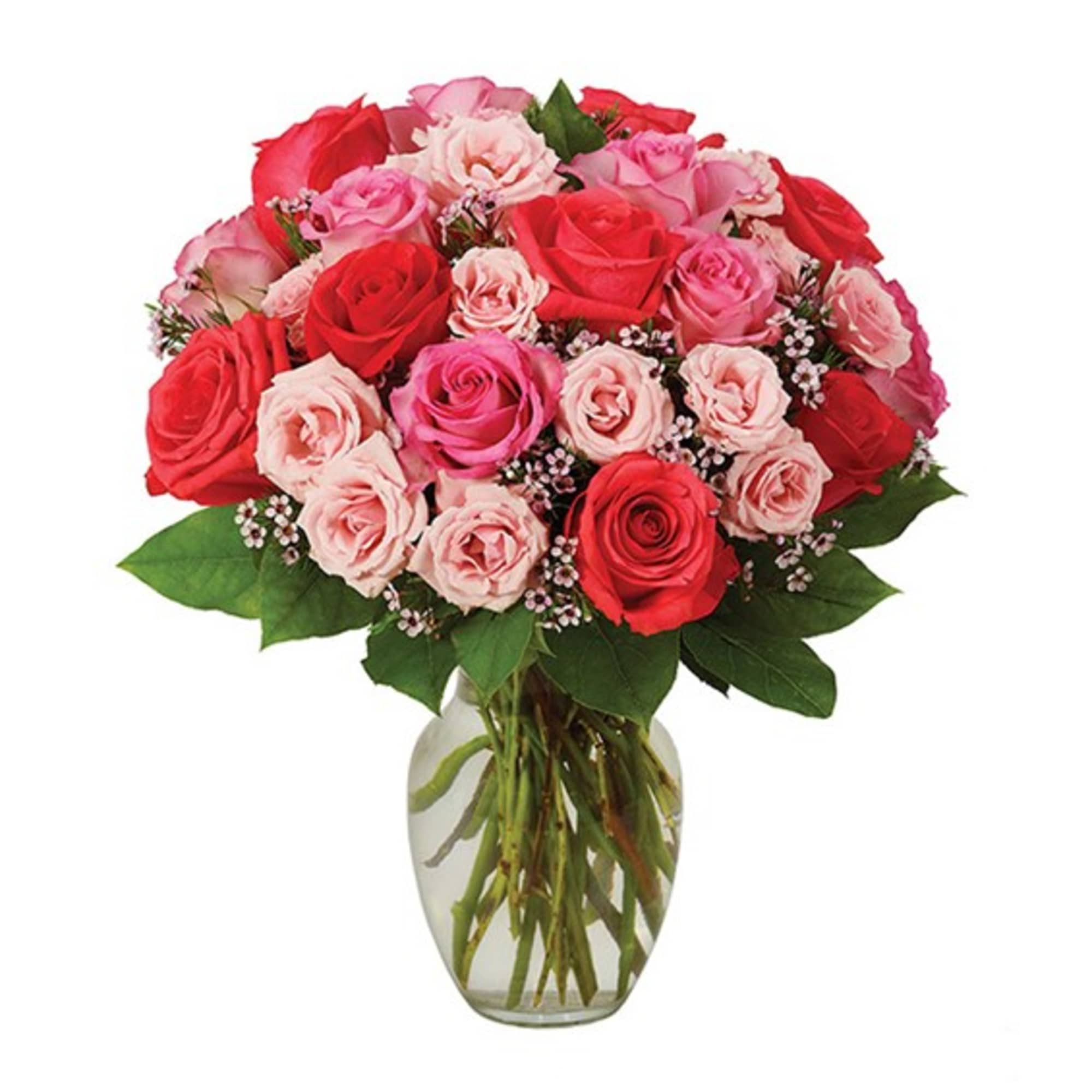 Bouquet of pink and red roses in a clear glass vase