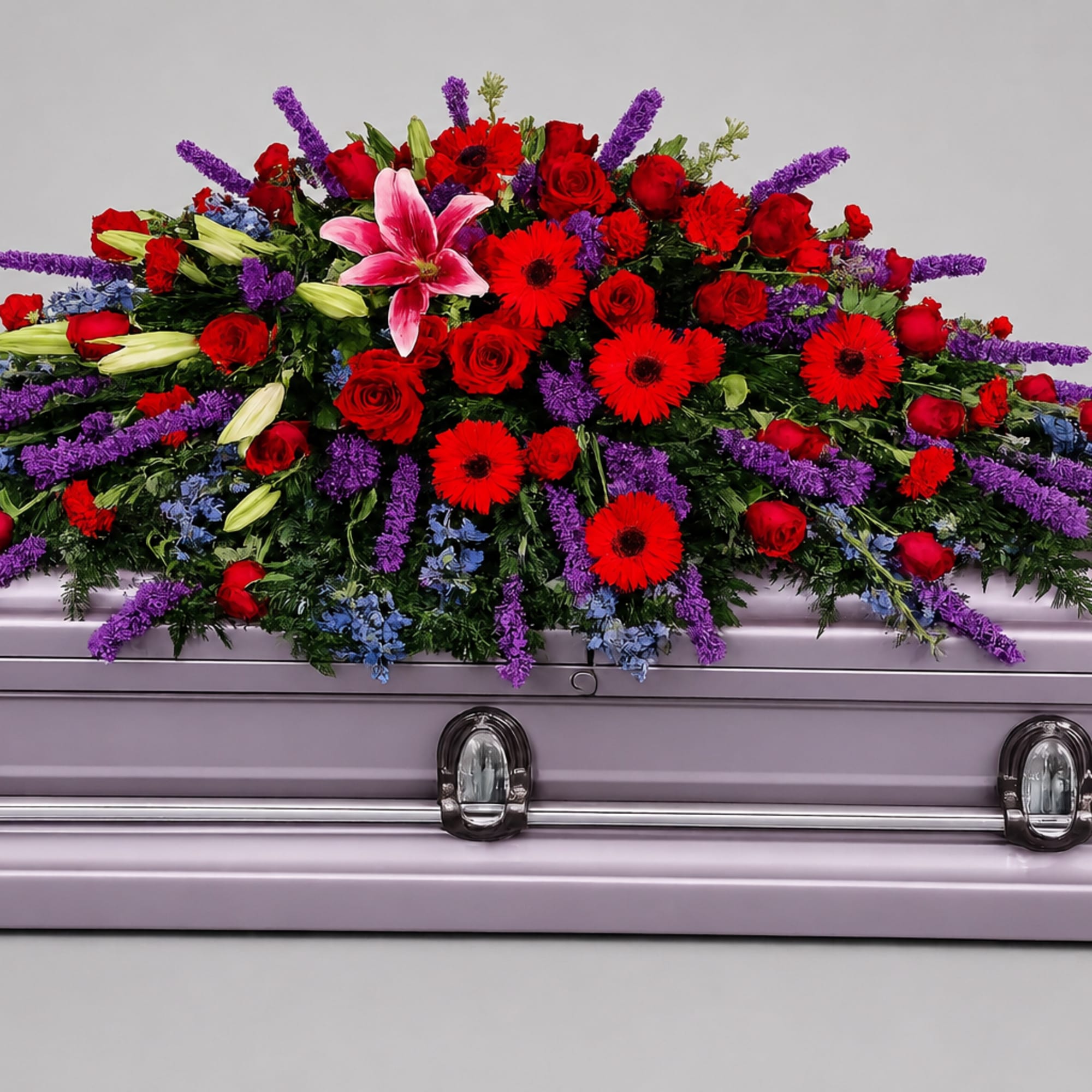 A broad, cascading casket spray made to convey deep respect and comfort
