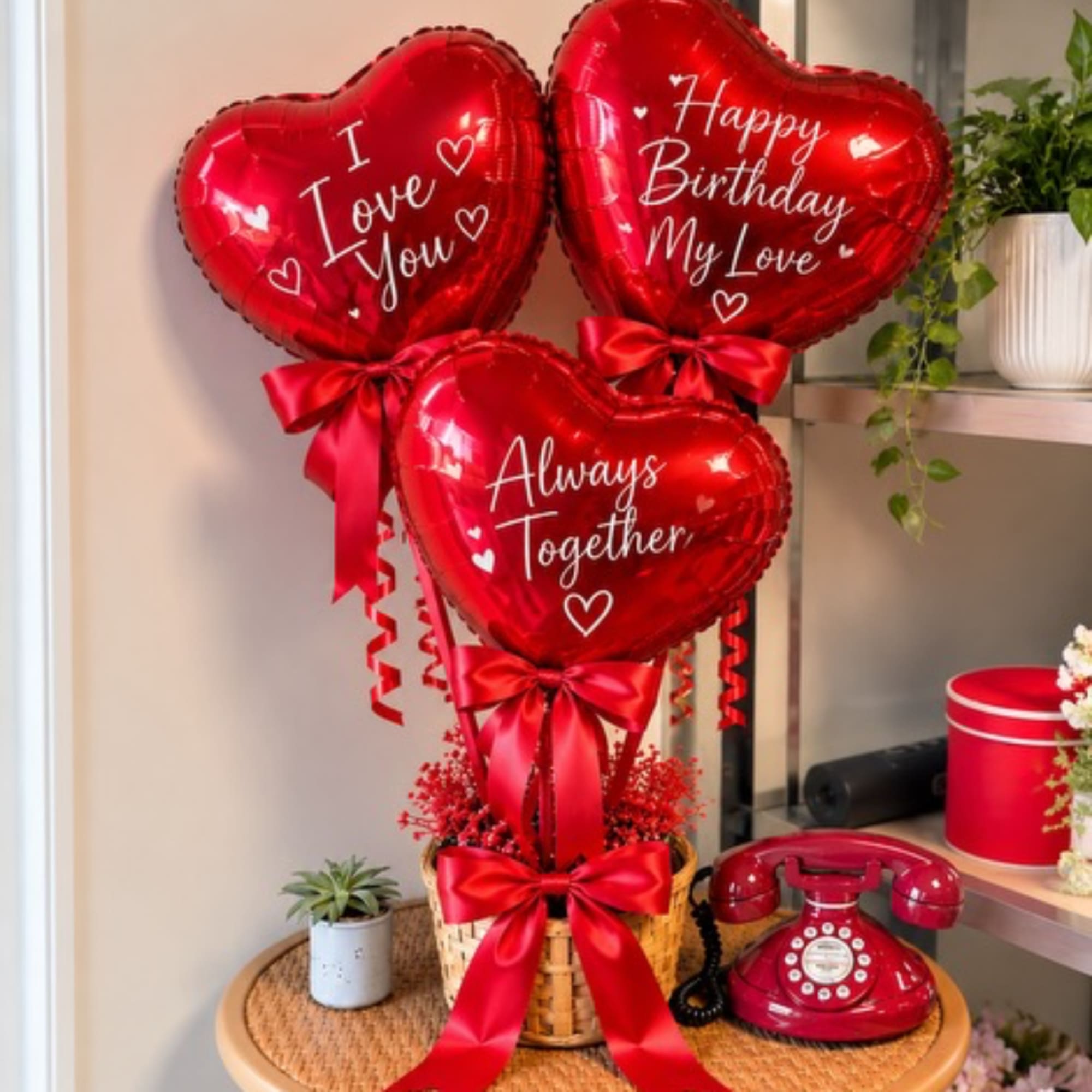 Three red heart-shaped balloons with birthday and love messages in a basket