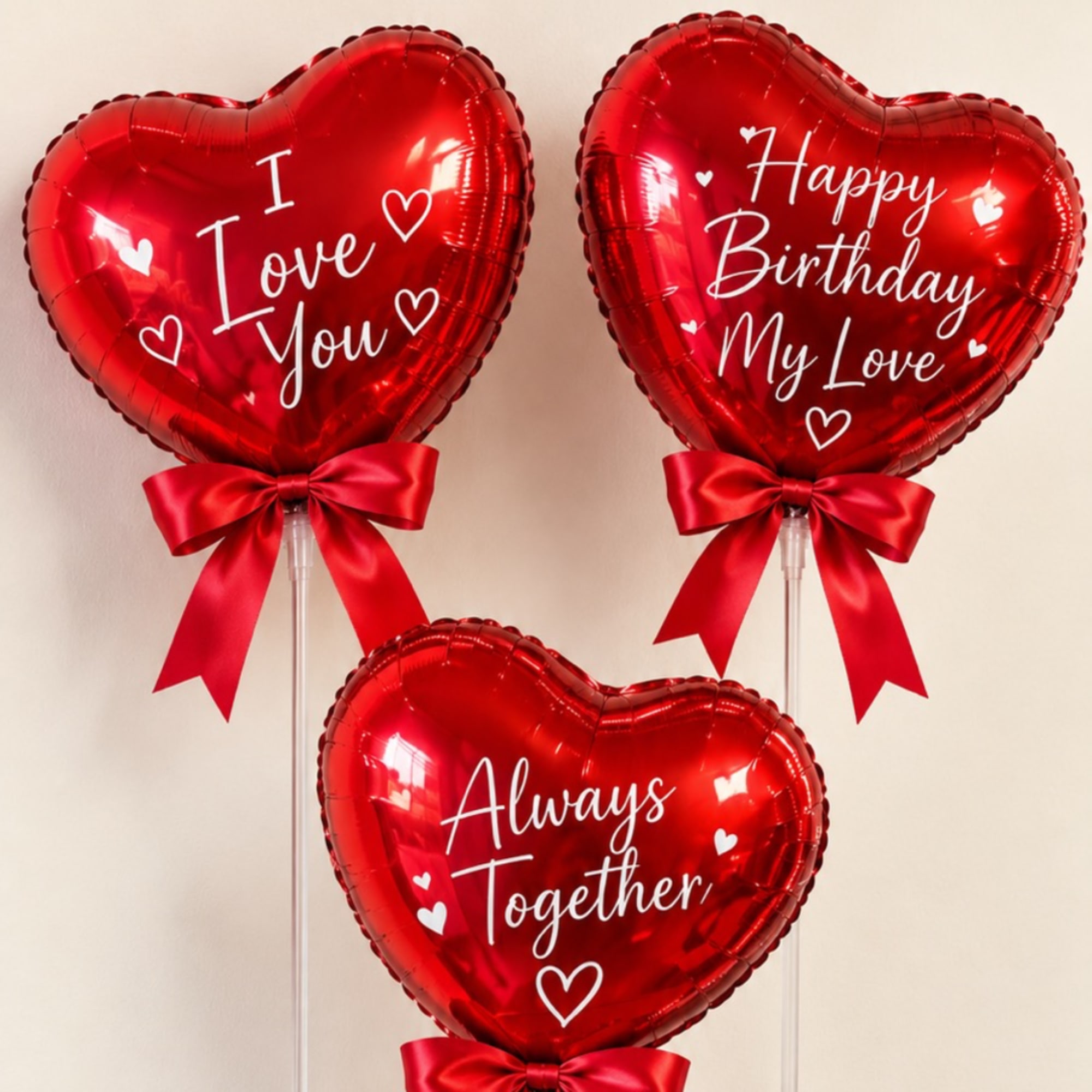 Three red heart-shaped balloons with ribbon bows and romantic messages