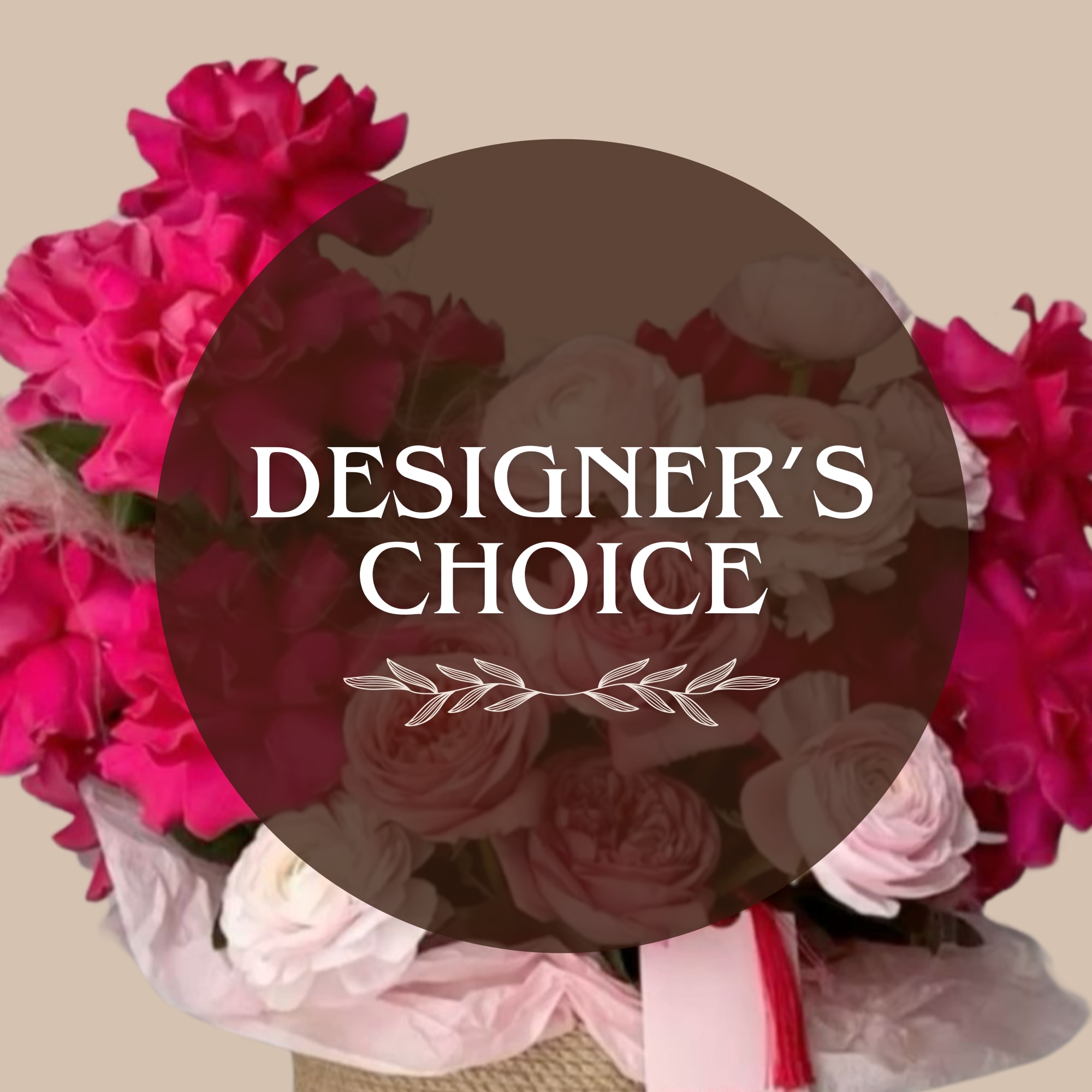 Bright magenta roses rim a lush, rounded cluster of blush and ivory