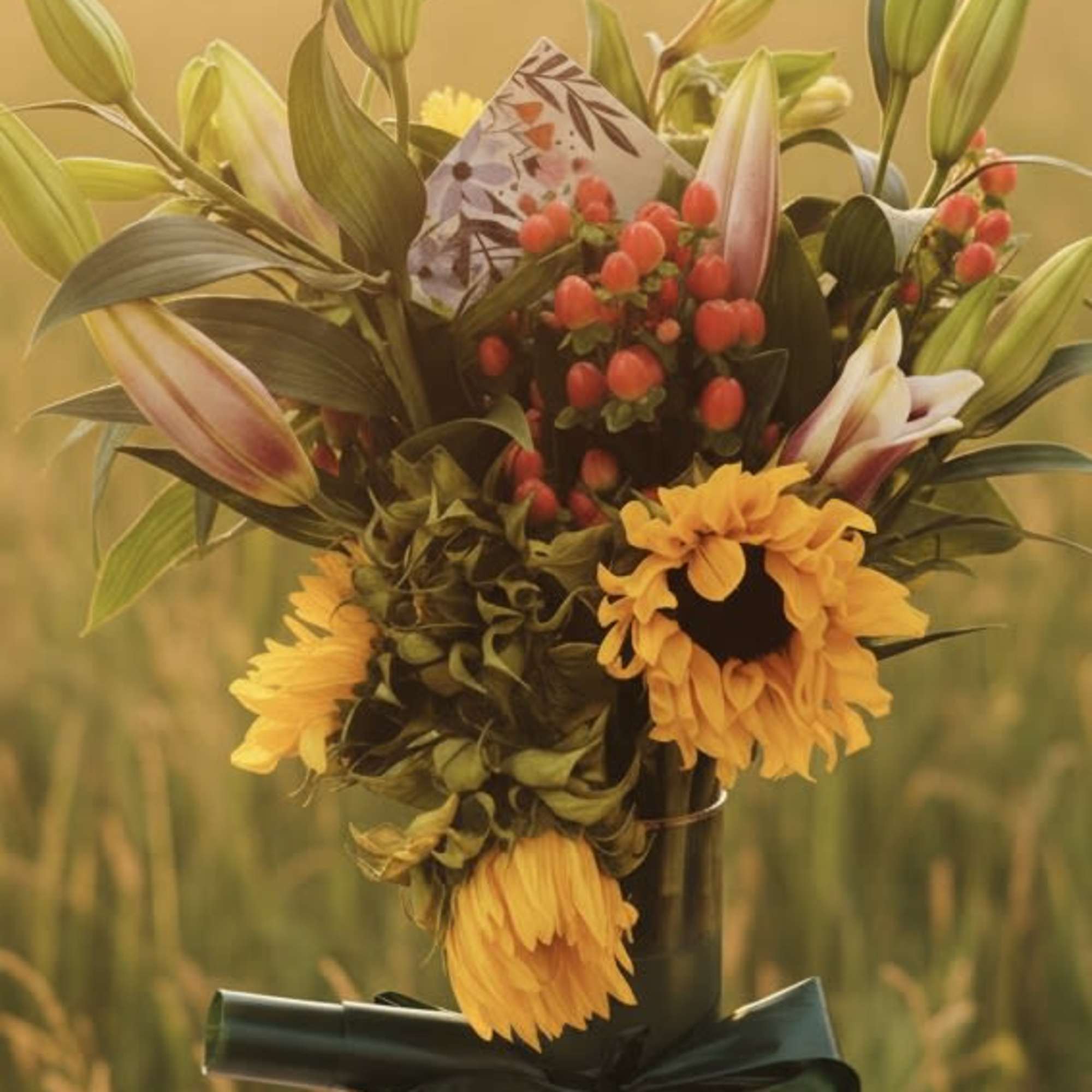 Bright, hand-tied sunflowers take center stage in these freestyle Freshies - a