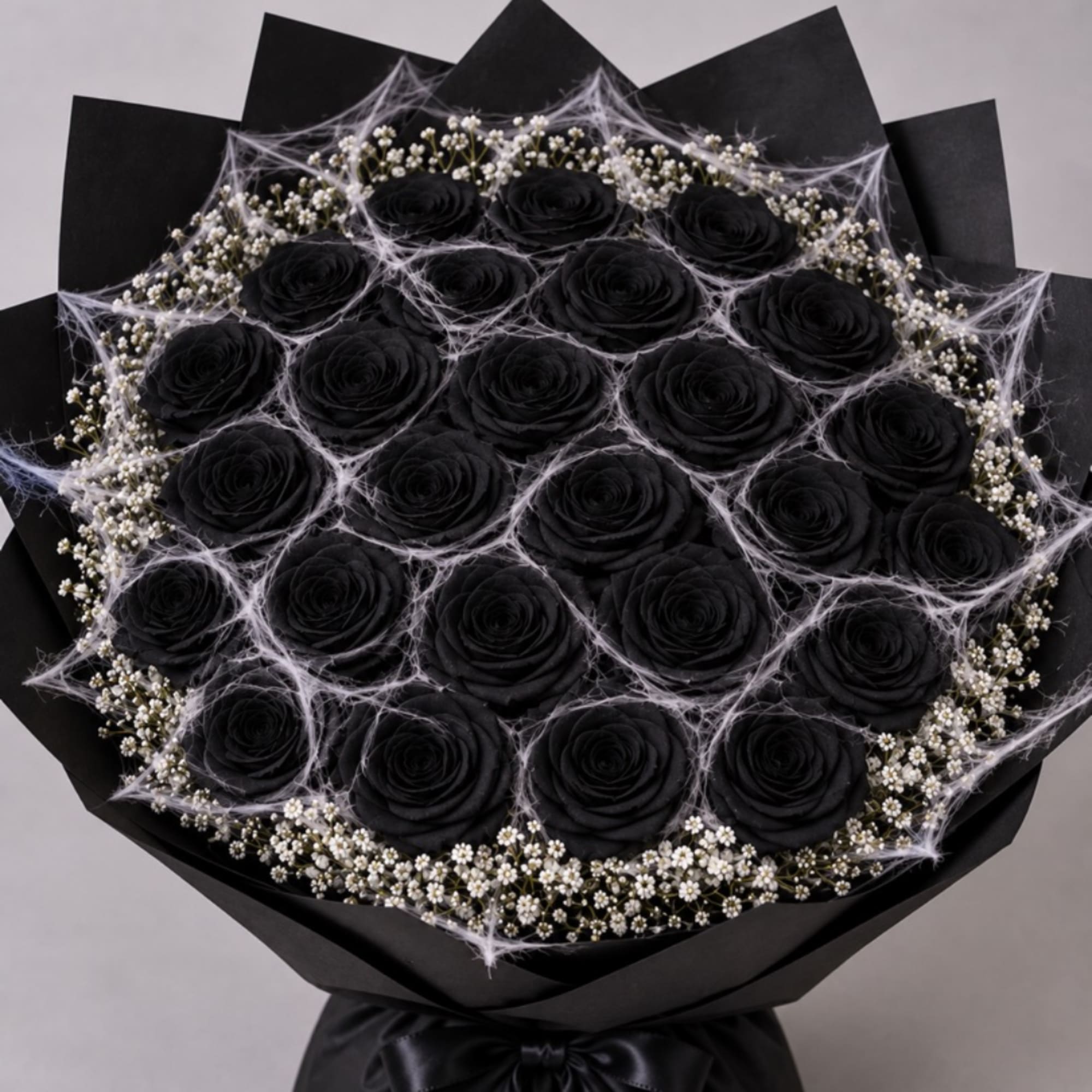 Bouquet of black roses with white baby's breath in black wrap