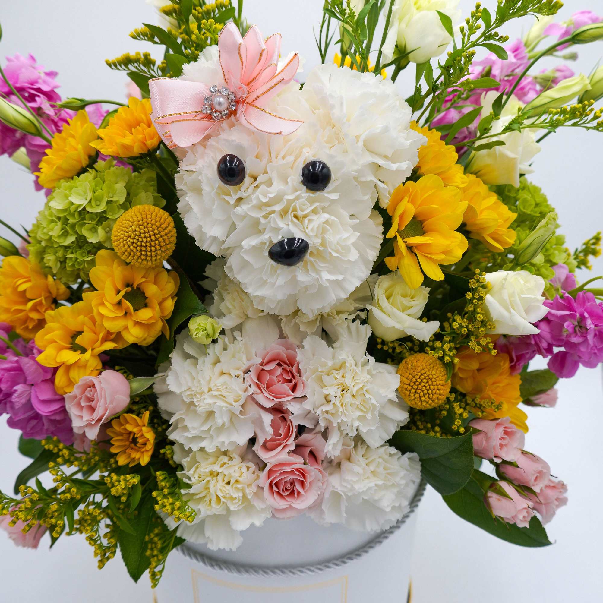 Includes White carnations, Pom daisy yellow, Pink spray roses, Lisianthus, Hydrangeas, mini, photo 2 of 2