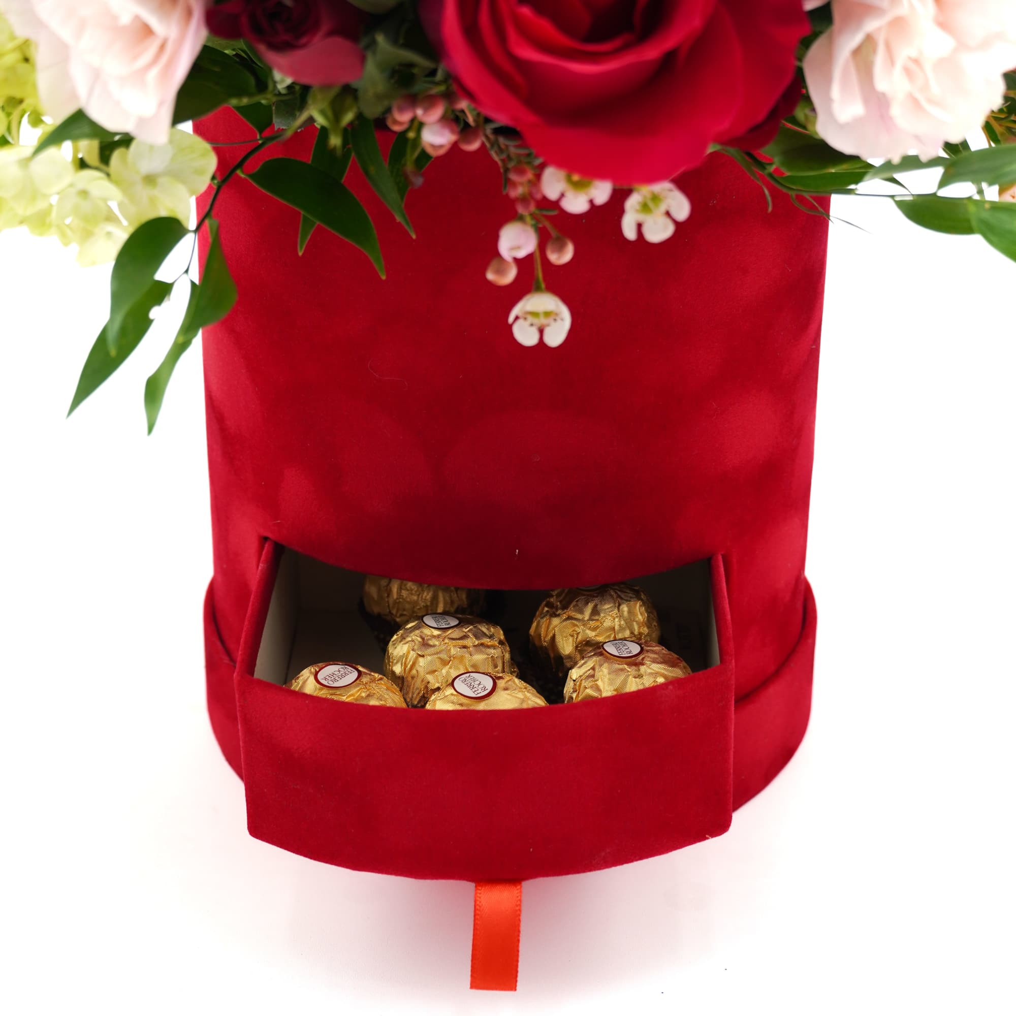 Red floral gift box with roses and chocolates