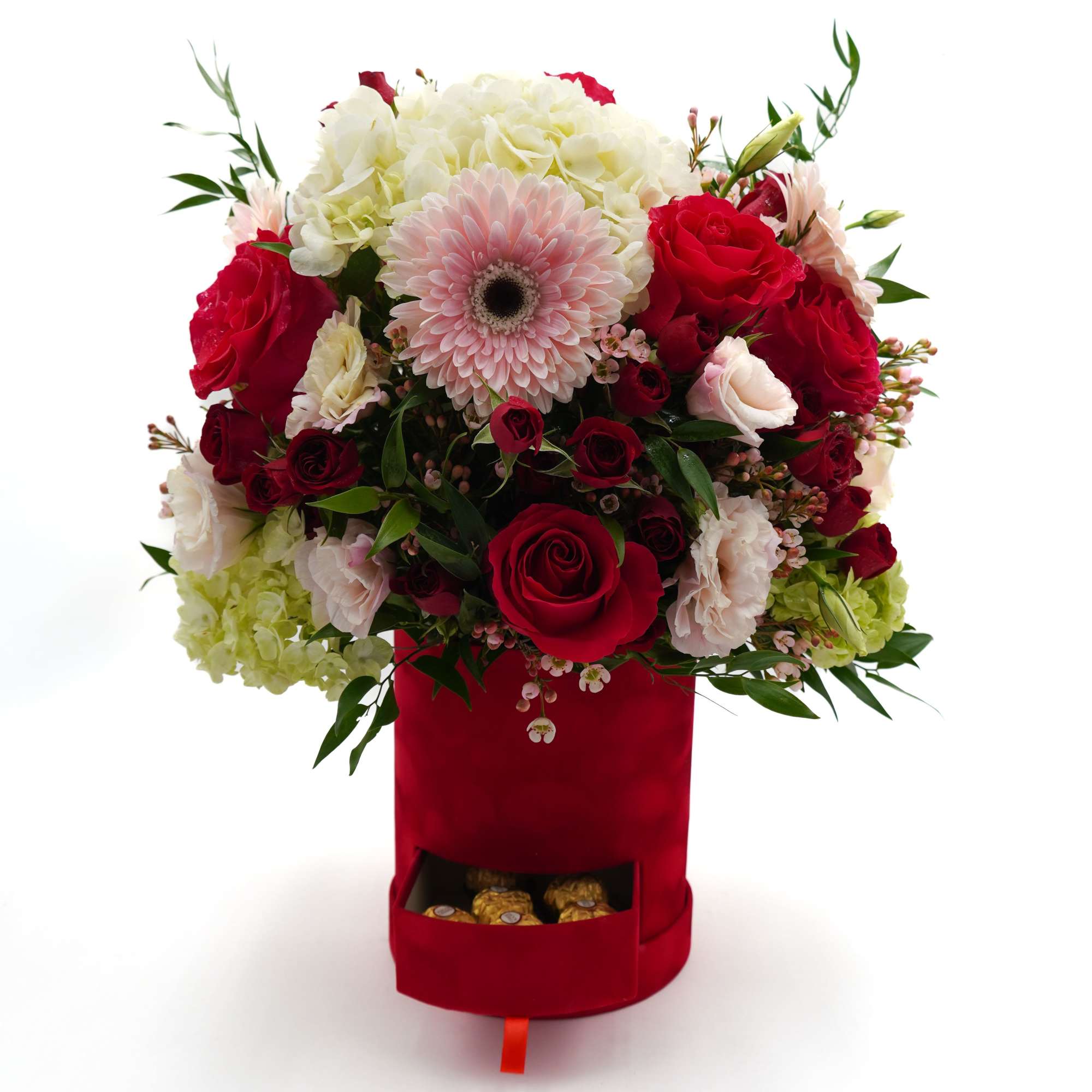Red and white mixed bouquet in a red box with chocolates