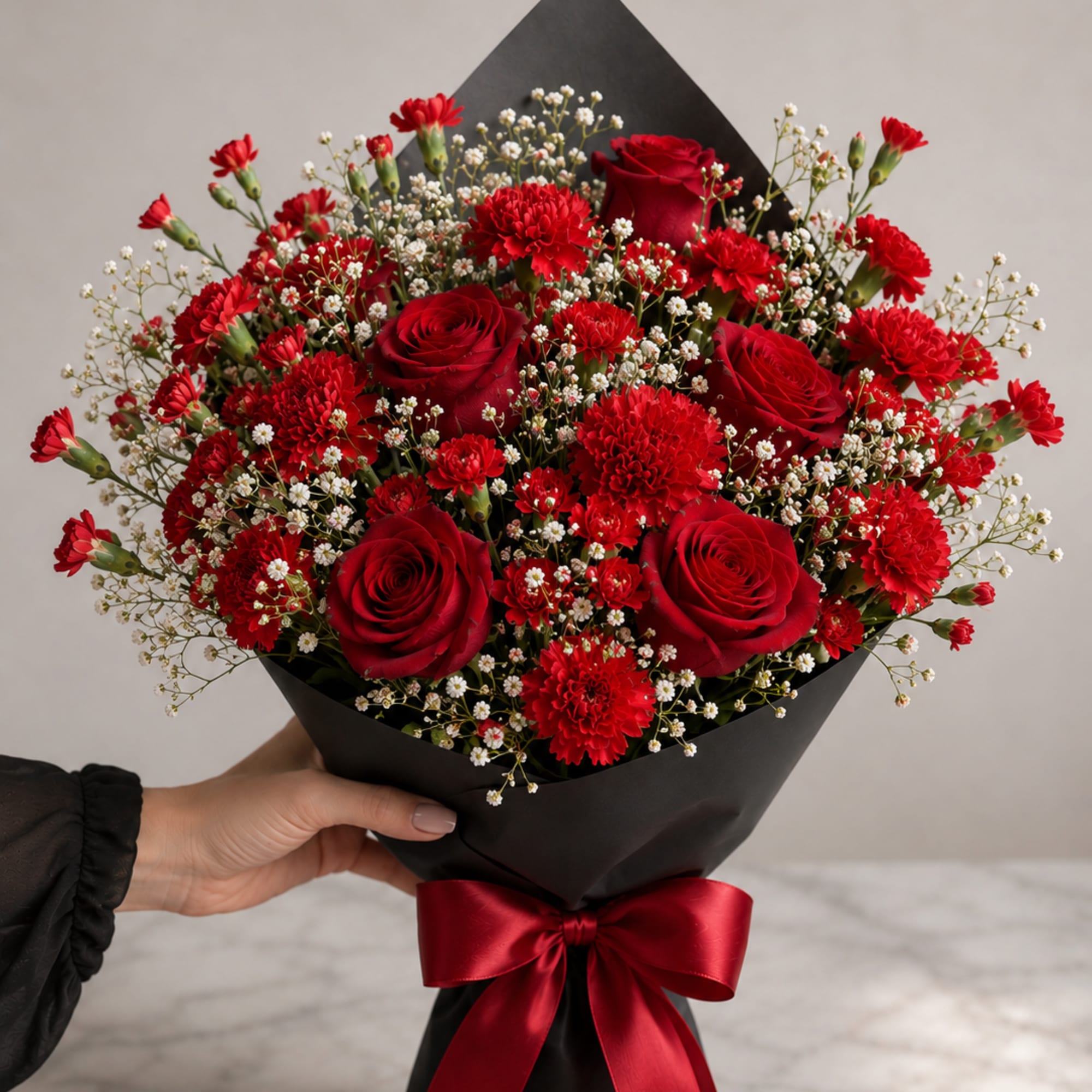 Deep, sensual red roses and clustered red carnations make an immediate statement