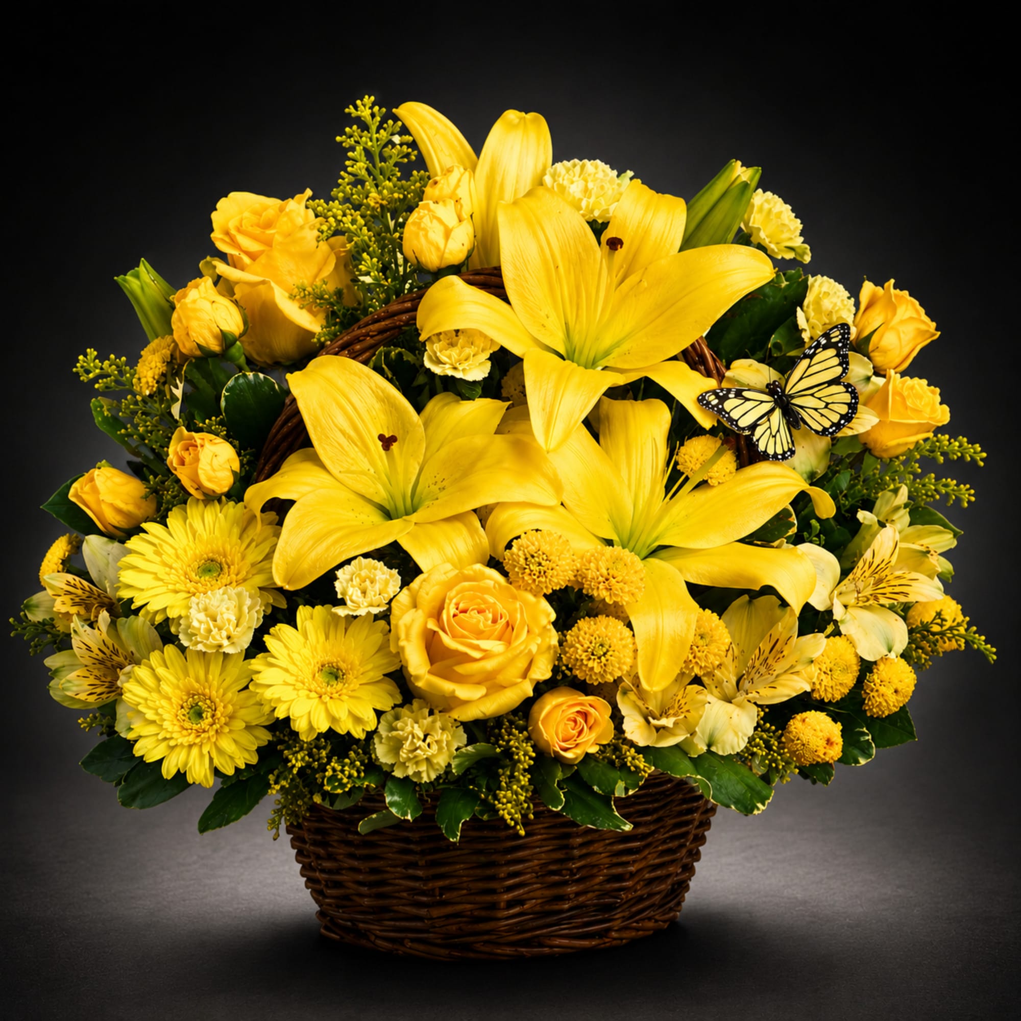 A lush, rounded basket overflowing with lilies, roses, gerbera daisies, chrysanthemums, alstroemeria