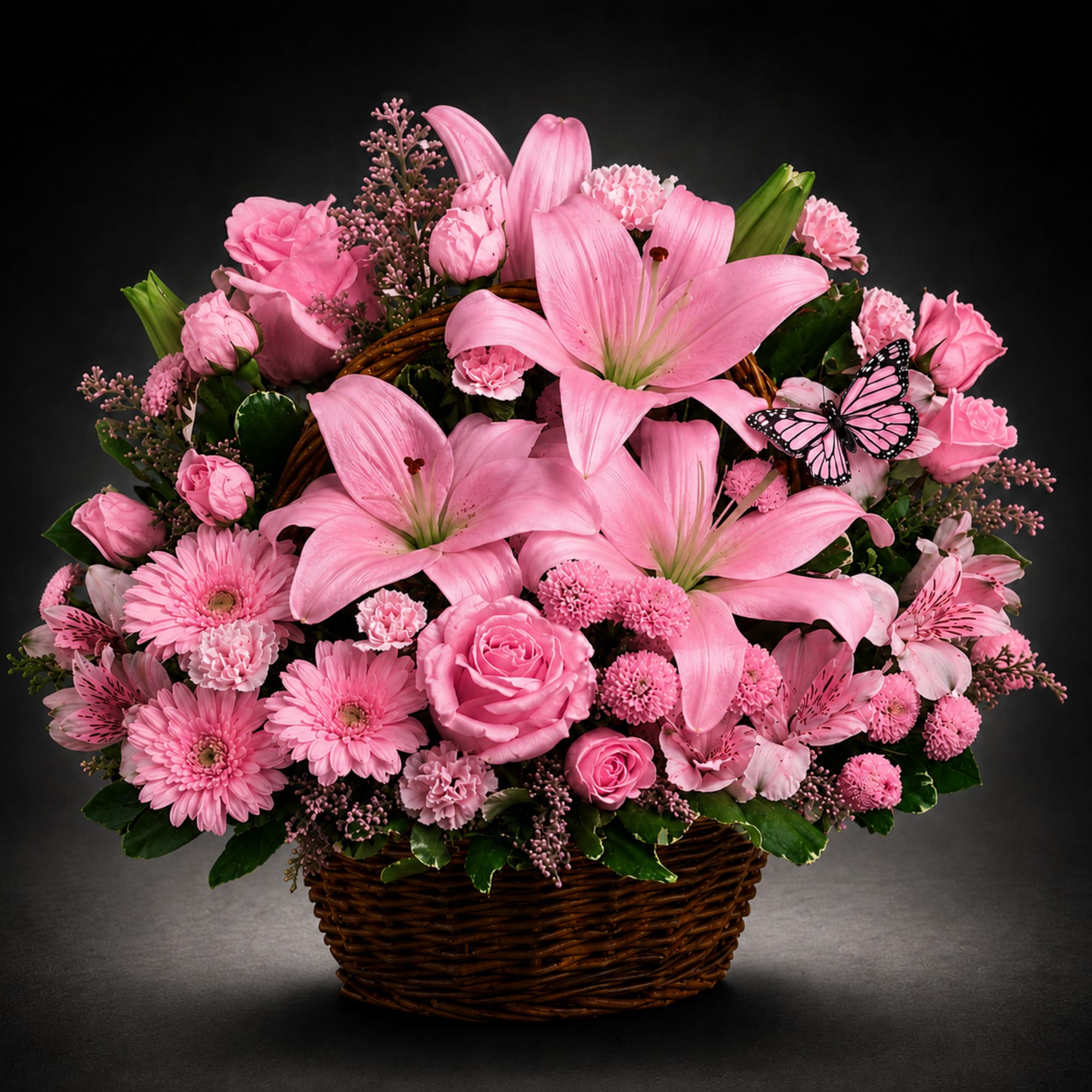 A lush, rounded basket overflowing with lilies, roses, gerbera daisies, chrysanthemums, alstroemeria, photo 2 of 3