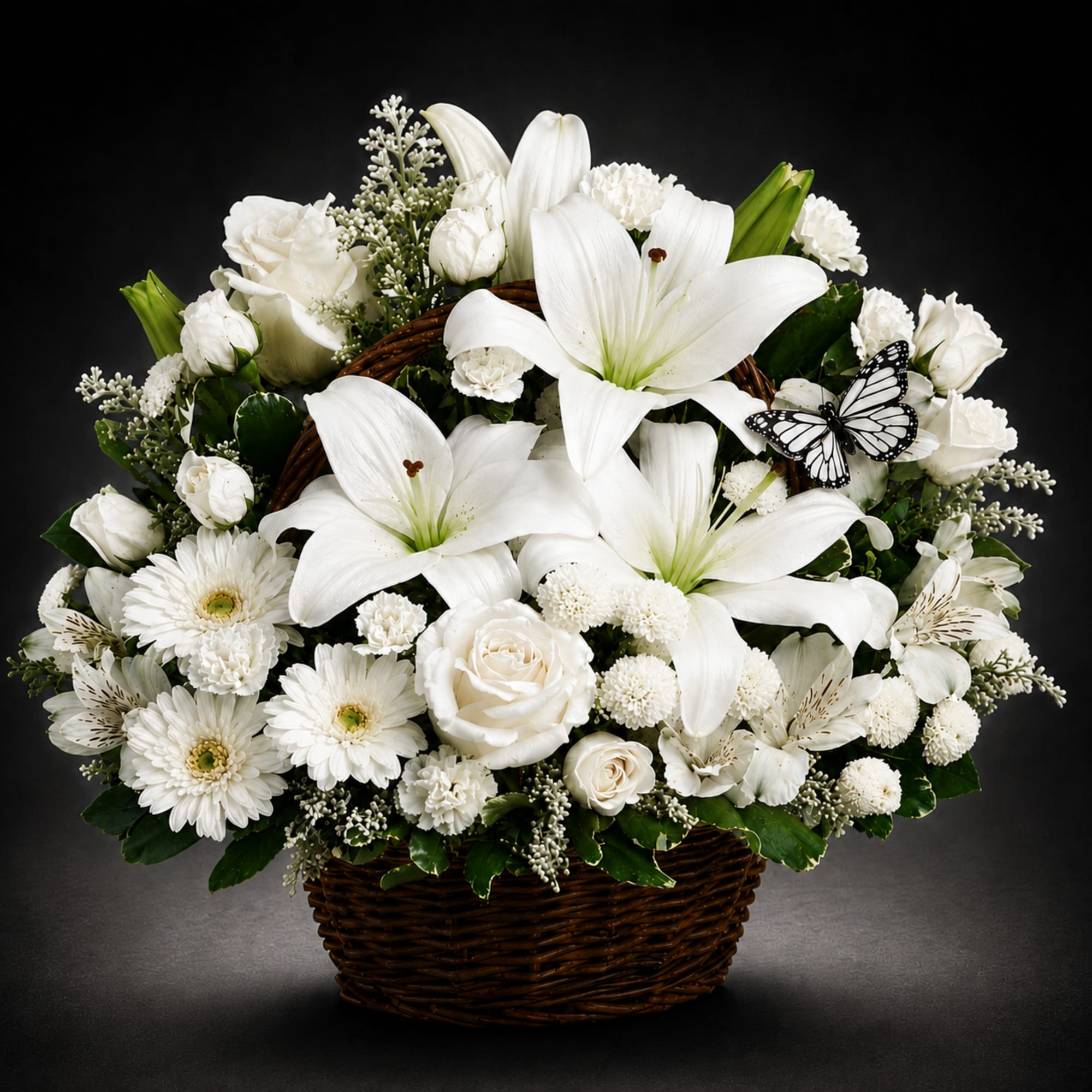 A lush, rounded basket overflowing with lilies, roses, gerbera daisies, chrysanthemums, alstroemeria, photo 3 of 3