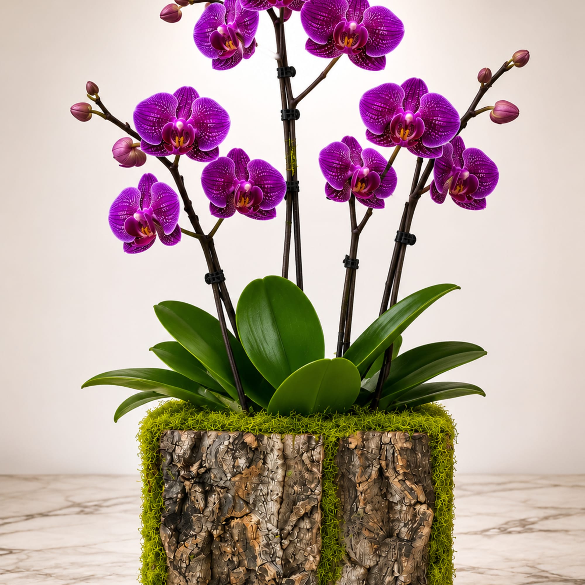 Vivid purple Phalaenopsis orchids take center stage in this elegant orchid arrangement