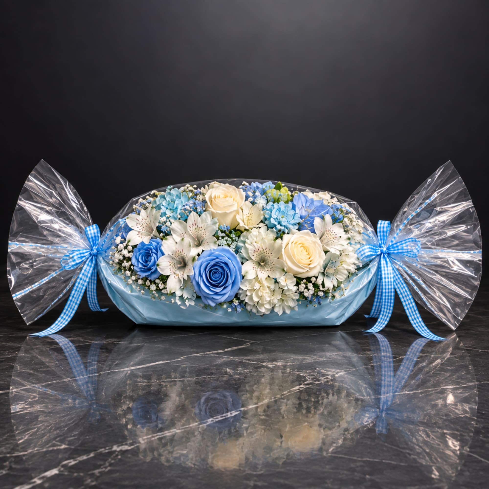 Blue and white flower arrangement wrapped in clear plastic with ribbon bows