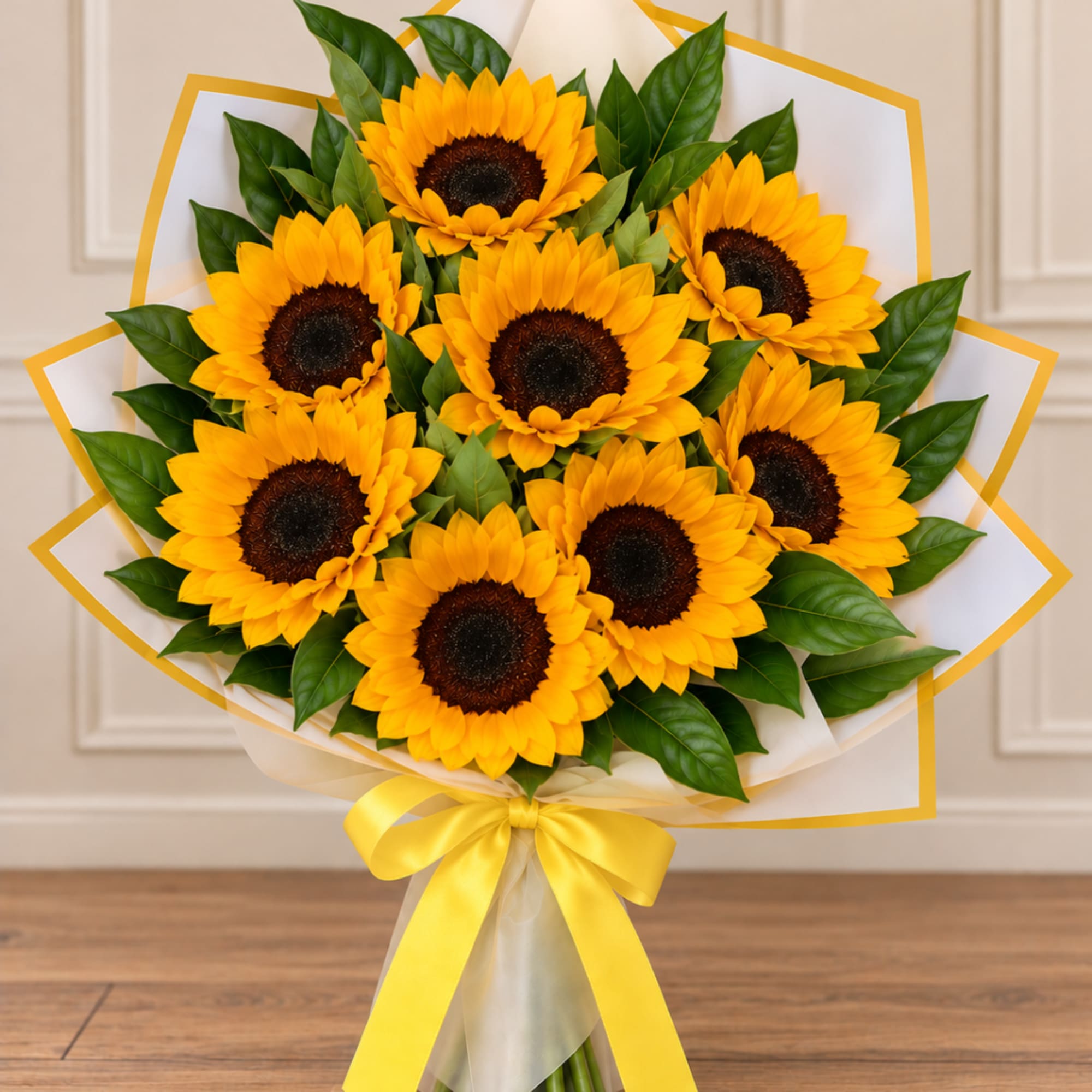 Bouquet of yellow sunflowers wrapped in white paper with a yellow ribbon