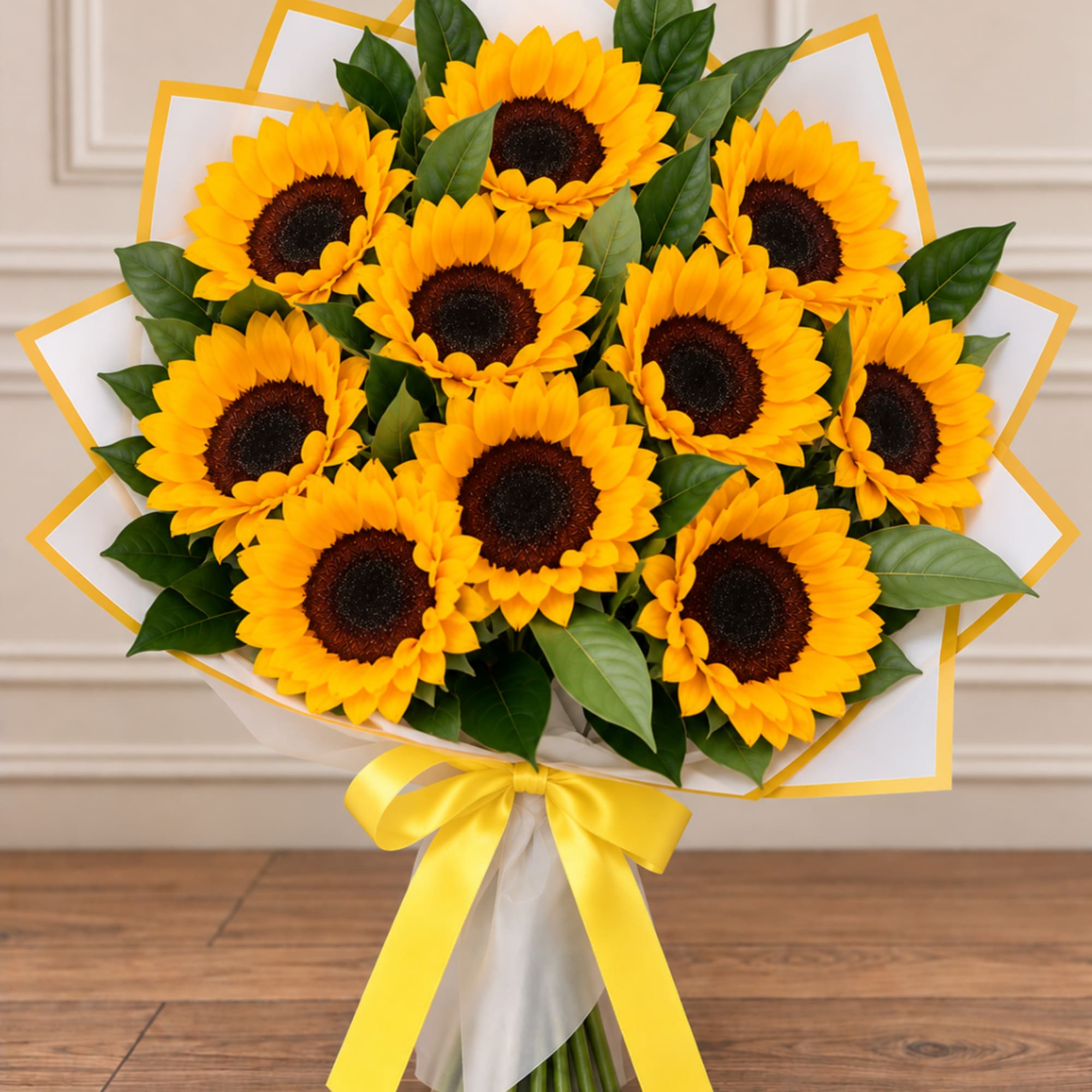 Bouquet of bright yellow sunflowers wrapped in white paper with a yellow ribbon