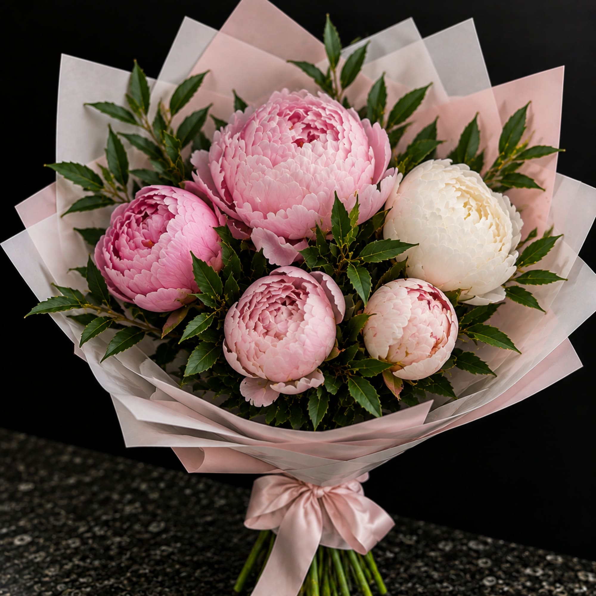 Pink and white peony bouquet wrapped in pale pink paper
