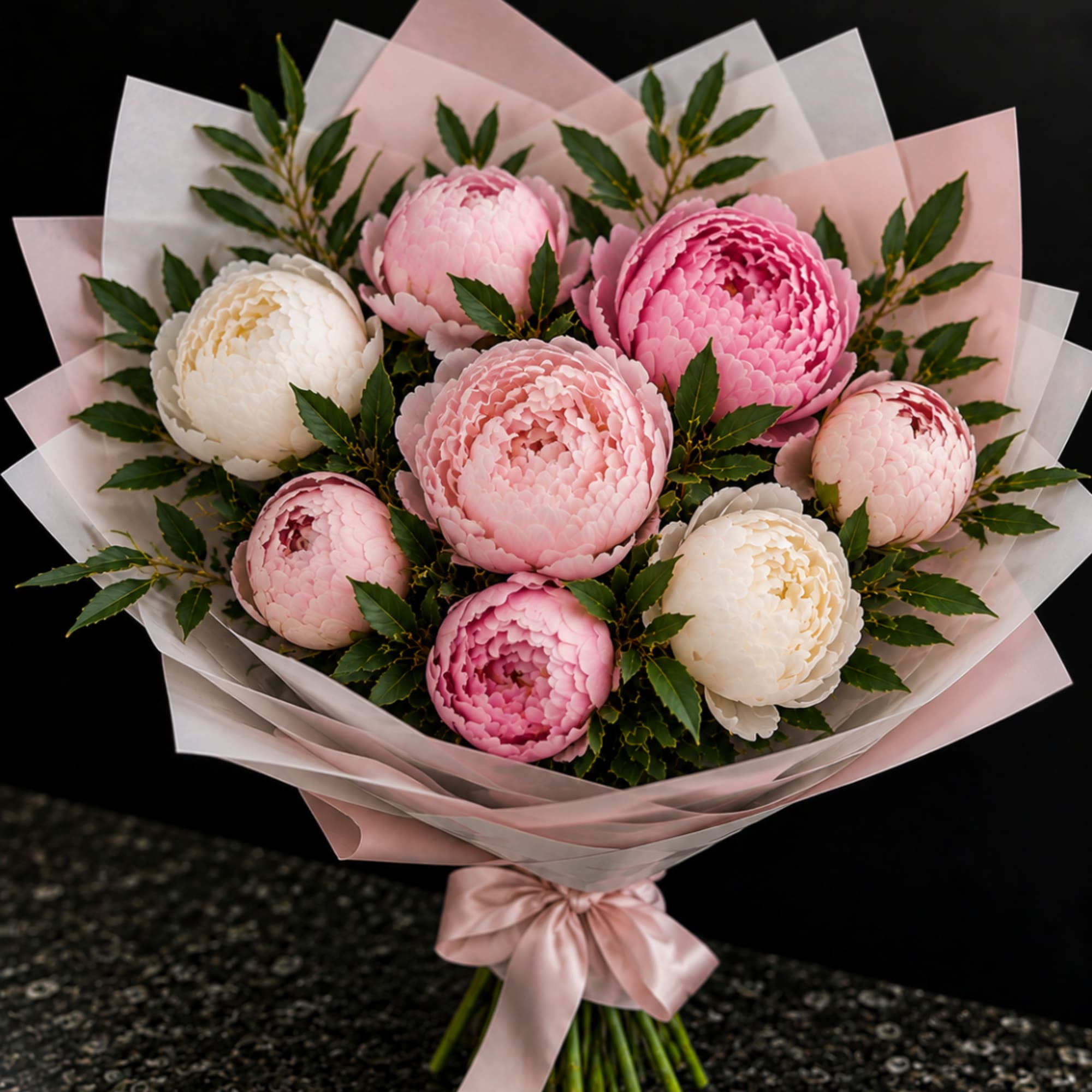 Pink and white peony bouquet wrapped in pale pink paper