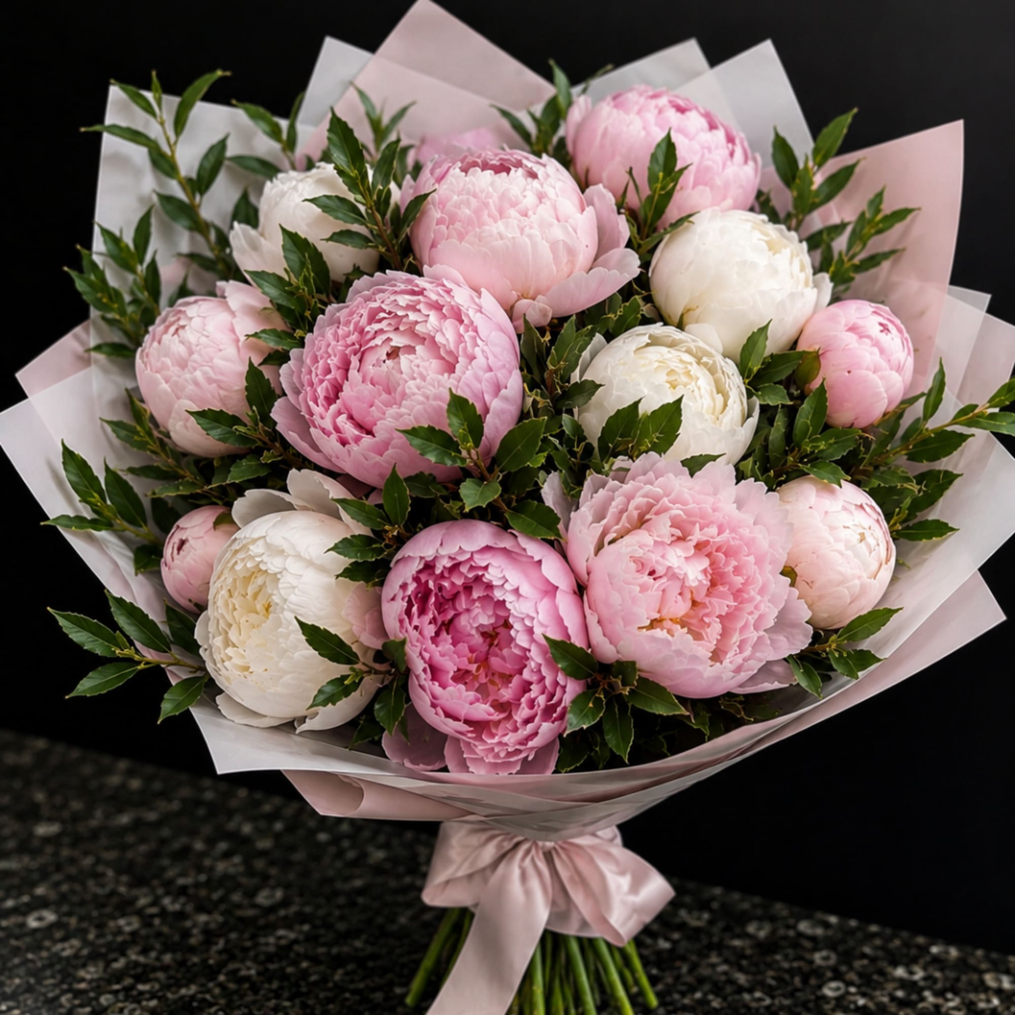 Pink and white peony bouquet wrapped in pale paper with a satin ribbon