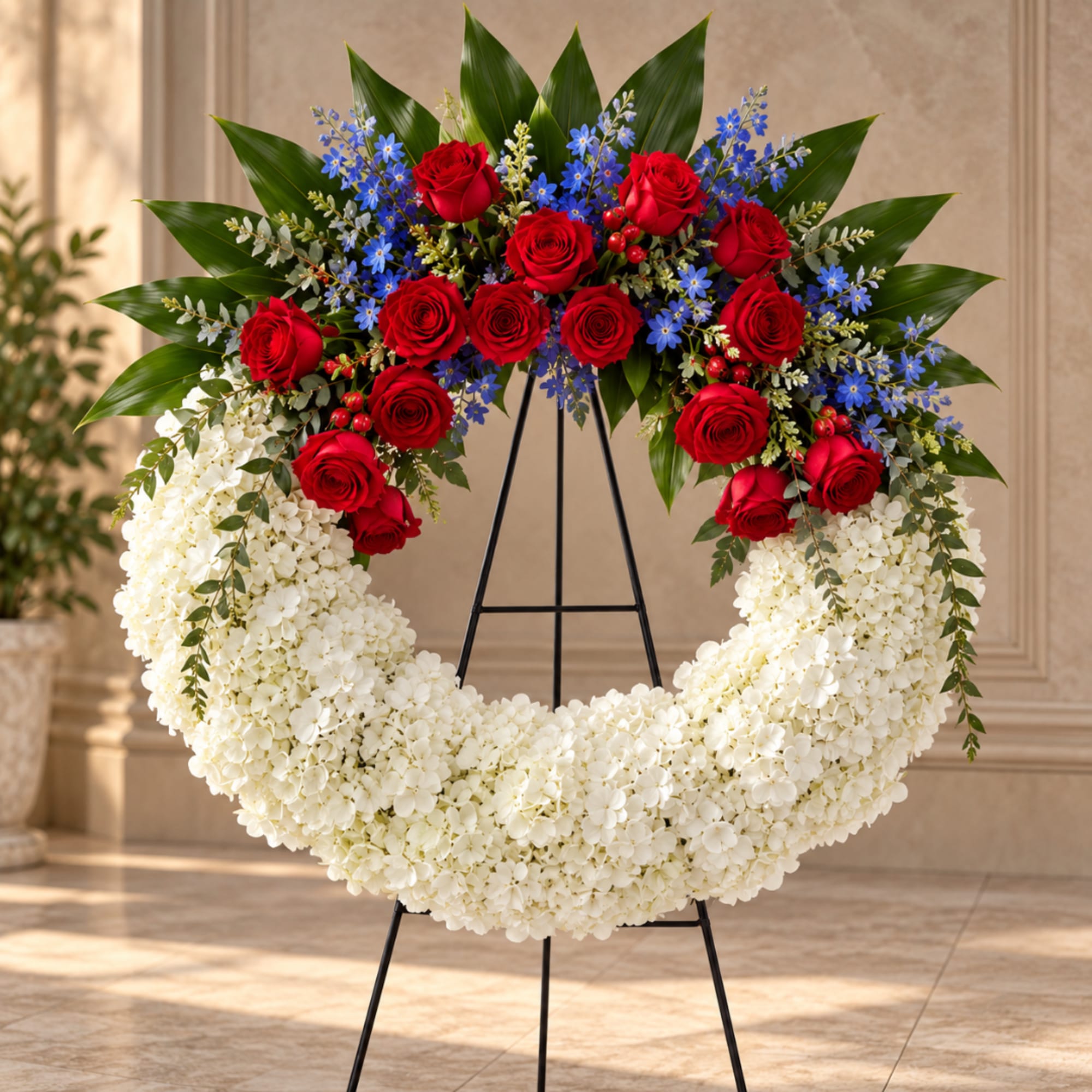Large floral wreath with red roses, blue flowers, and white blooms on a stand
