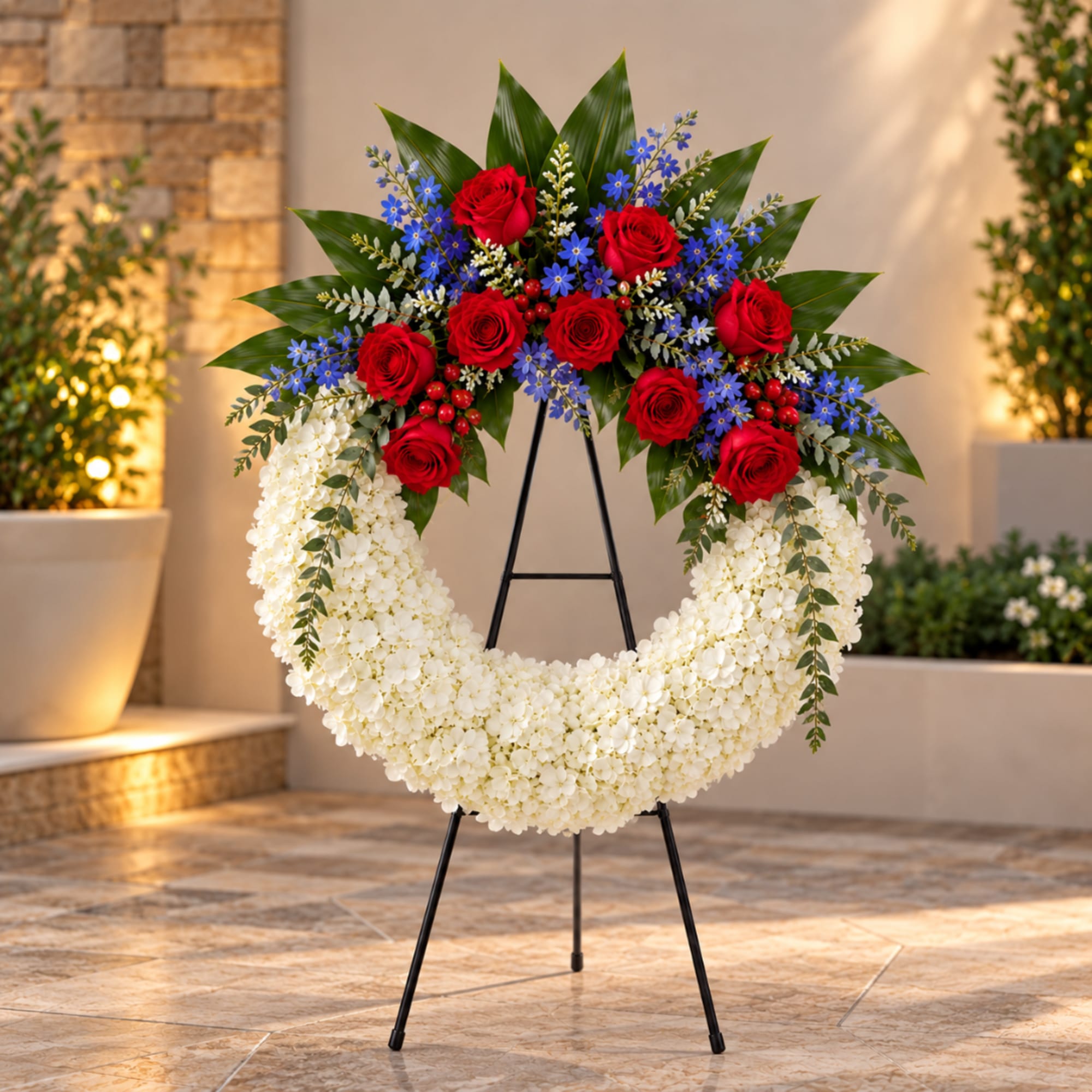 Standing floral wreath with red roses and white blooms on a black easel