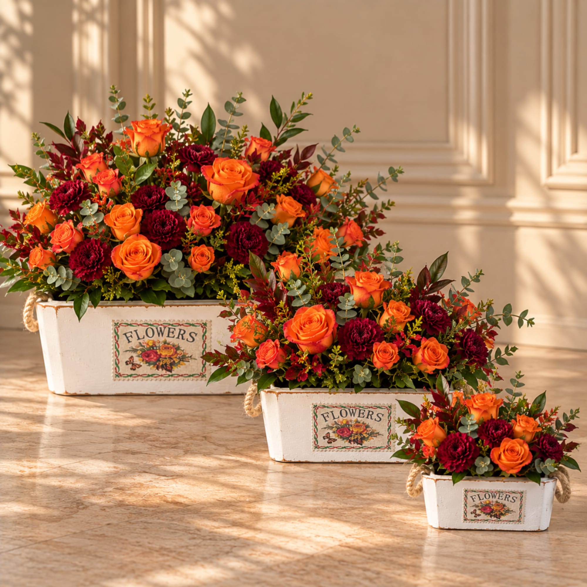 Three flower arrangements in white wooden boxes with orange and burgundy blooms
