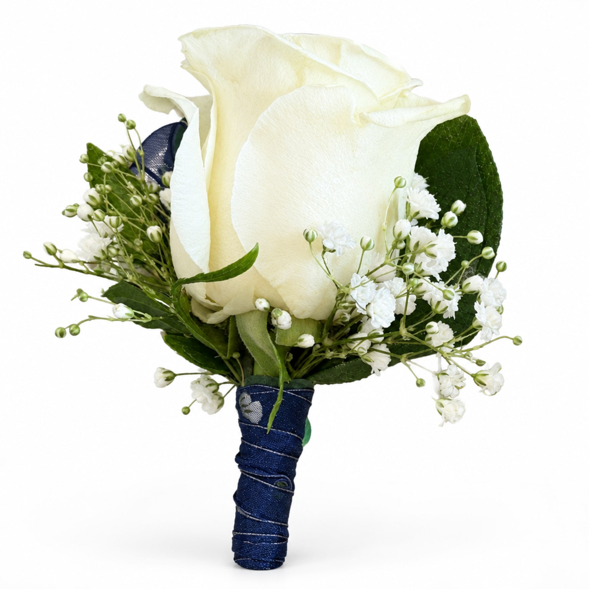 White rose boutonniere with baby's breath and dark blue wrap