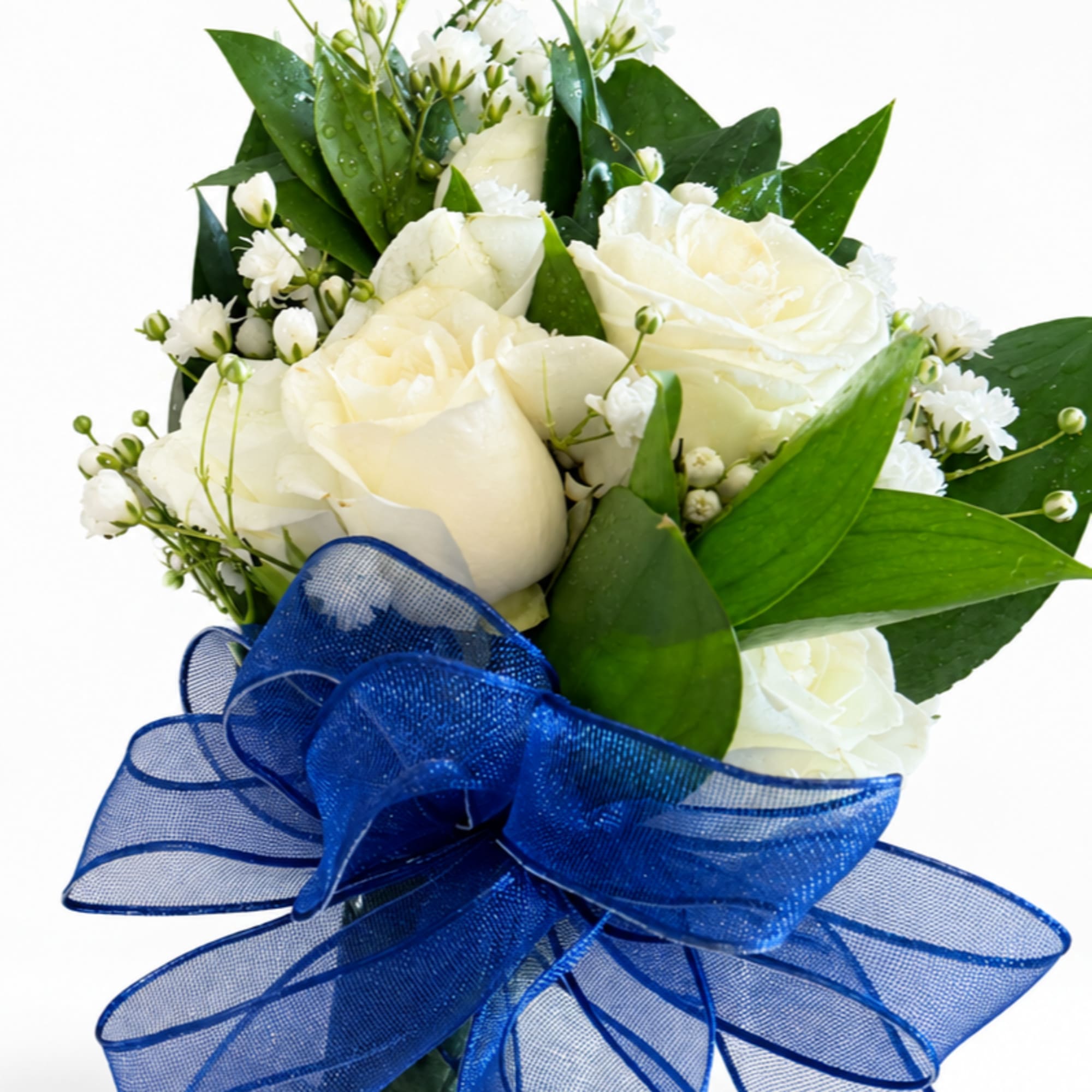 White rose bouquet with small white filler flowers and a blue ribbon bow