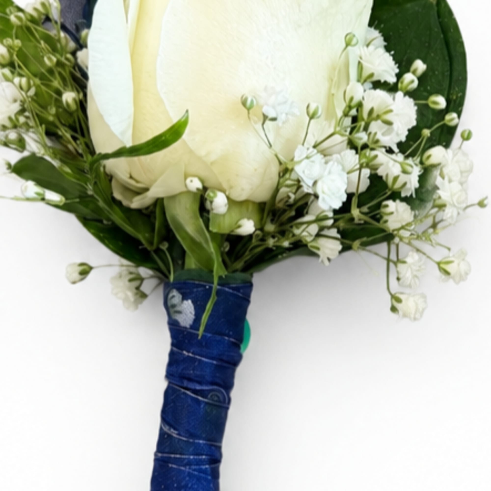 White rose boutonniere with baby's breath and blue ribbon wrap