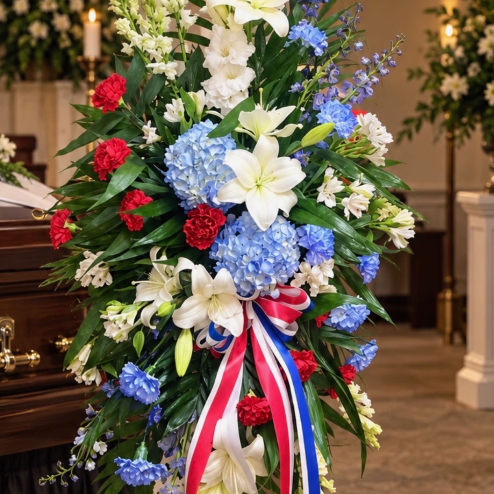 Standing funeral spray with white lilies, blue hydrangeas, and red carnations