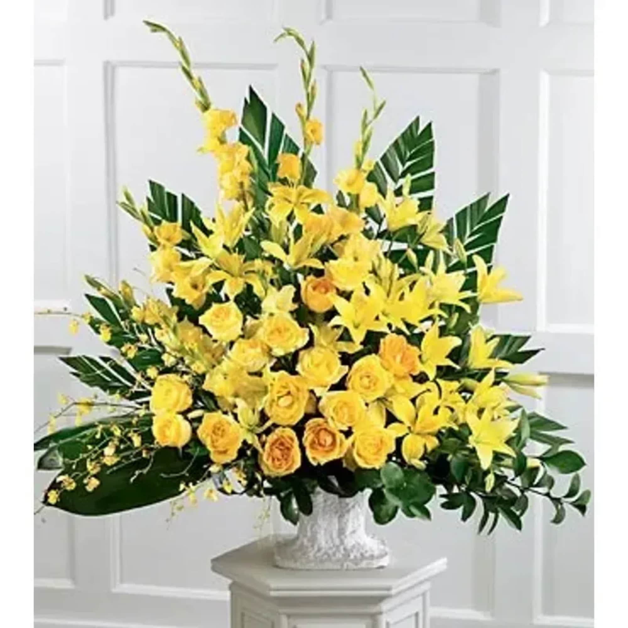 Golden roses, Asiatic lilies and yellow oncidium orchids nurture golden memories. A