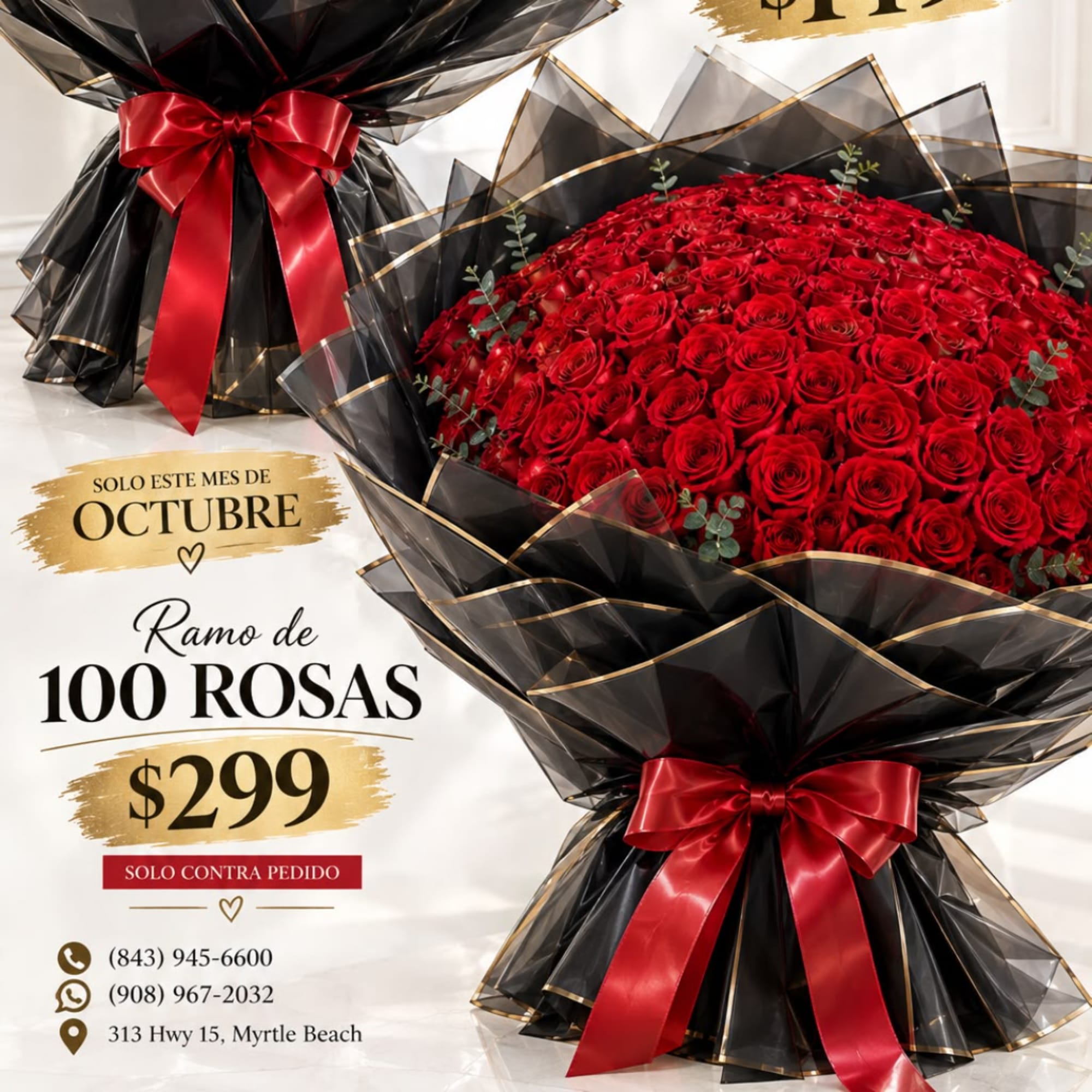 Large bouquet of red roses wrapped in black paper with red ribbon
