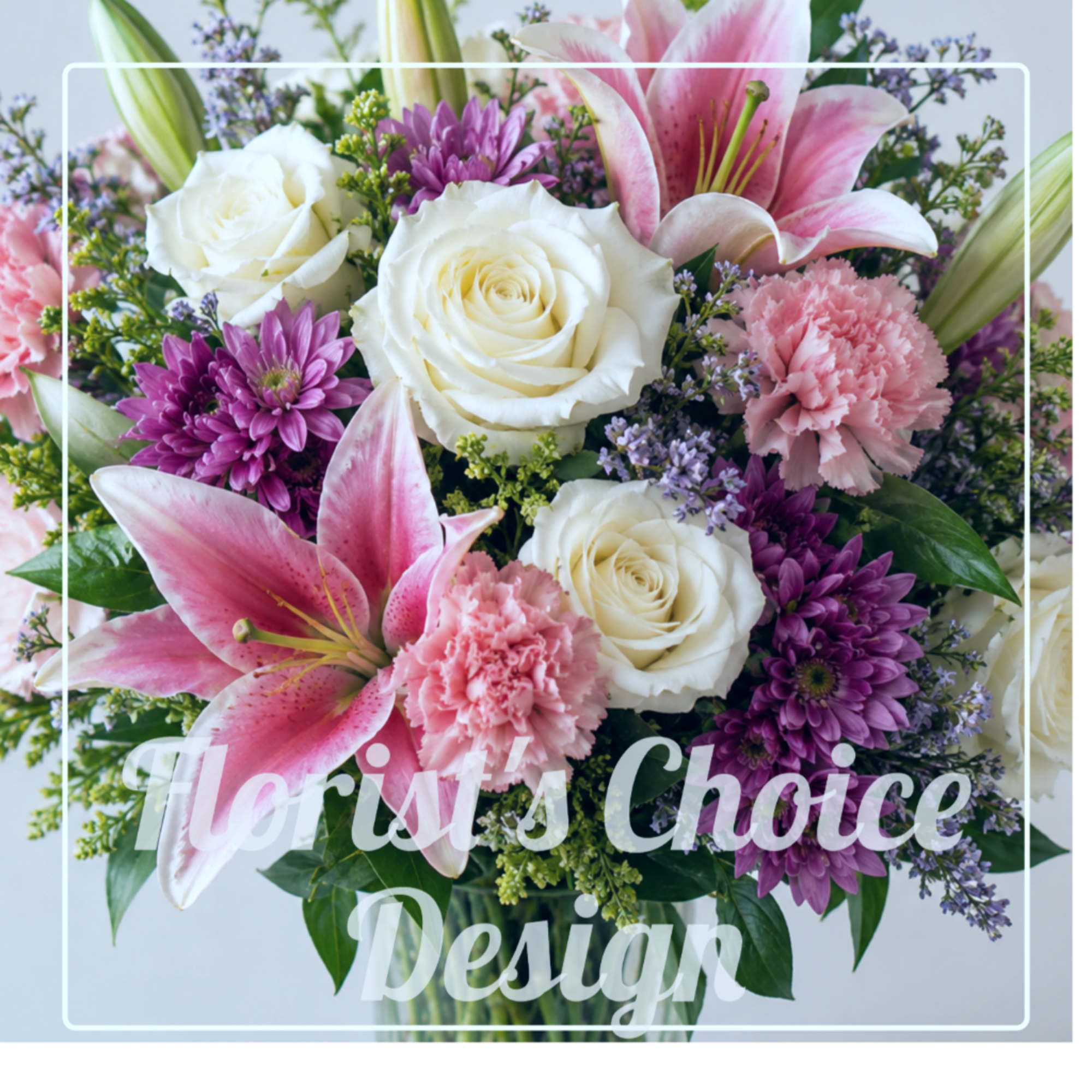 Bouquet of white roses, pink lilies, and purple flowers