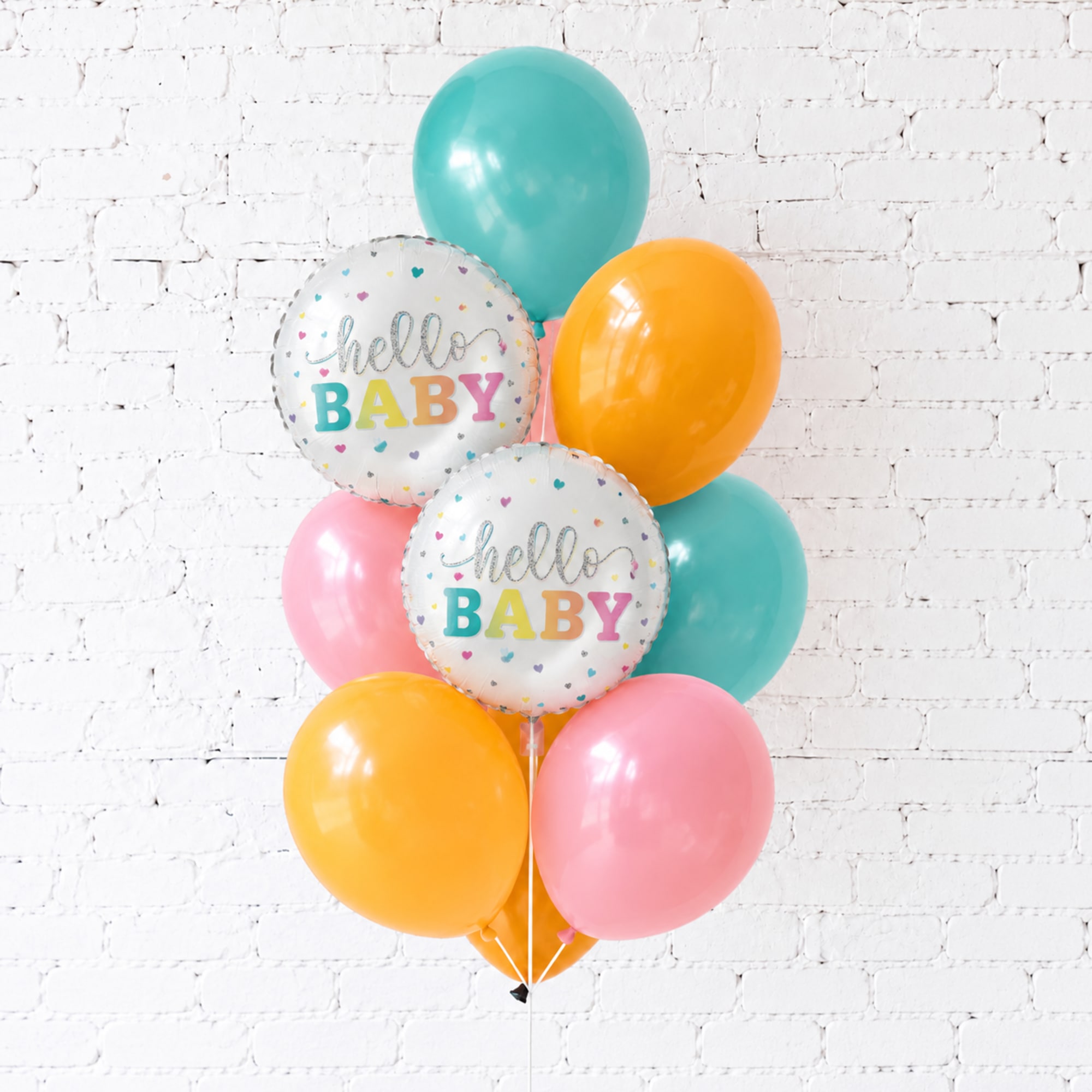 Pastel baby shower balloon bouquet with two "hello BABY" balloons