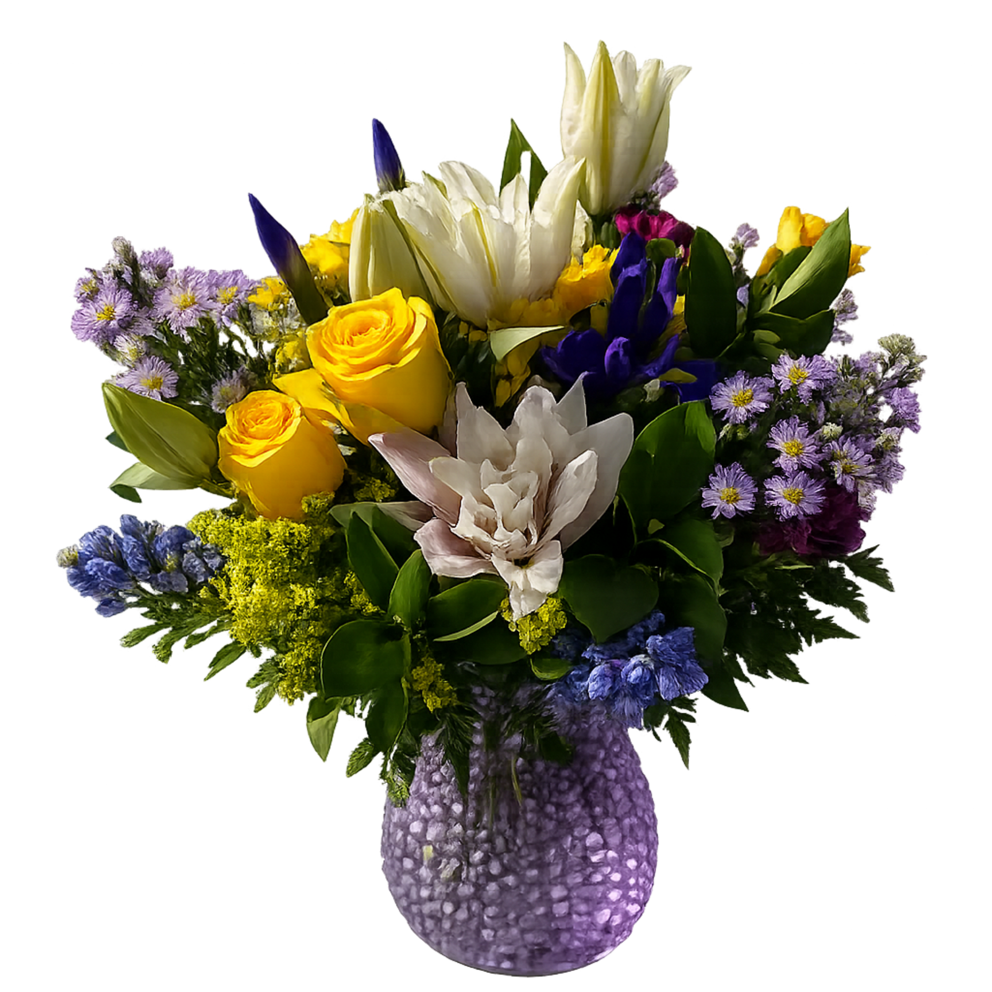 Pink Lilies, Yellow roses, daisies, iris, purple carnations and solidago arranged in