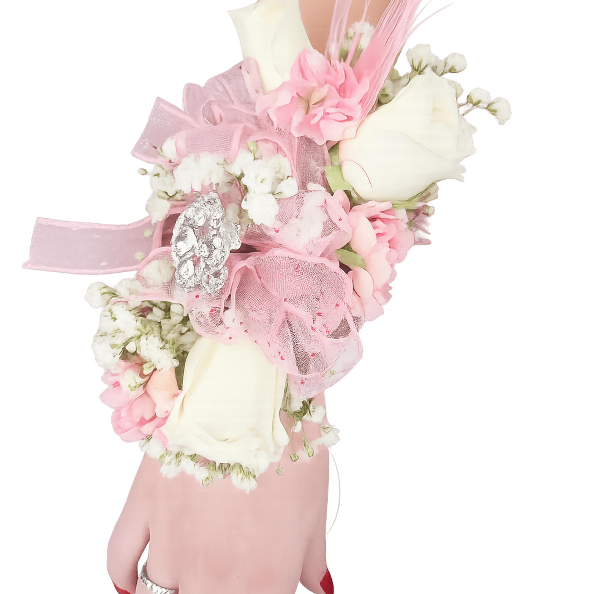 Pink and white wrist corsage with white roses, small filler flowers, and pink ribbon worn on a hand