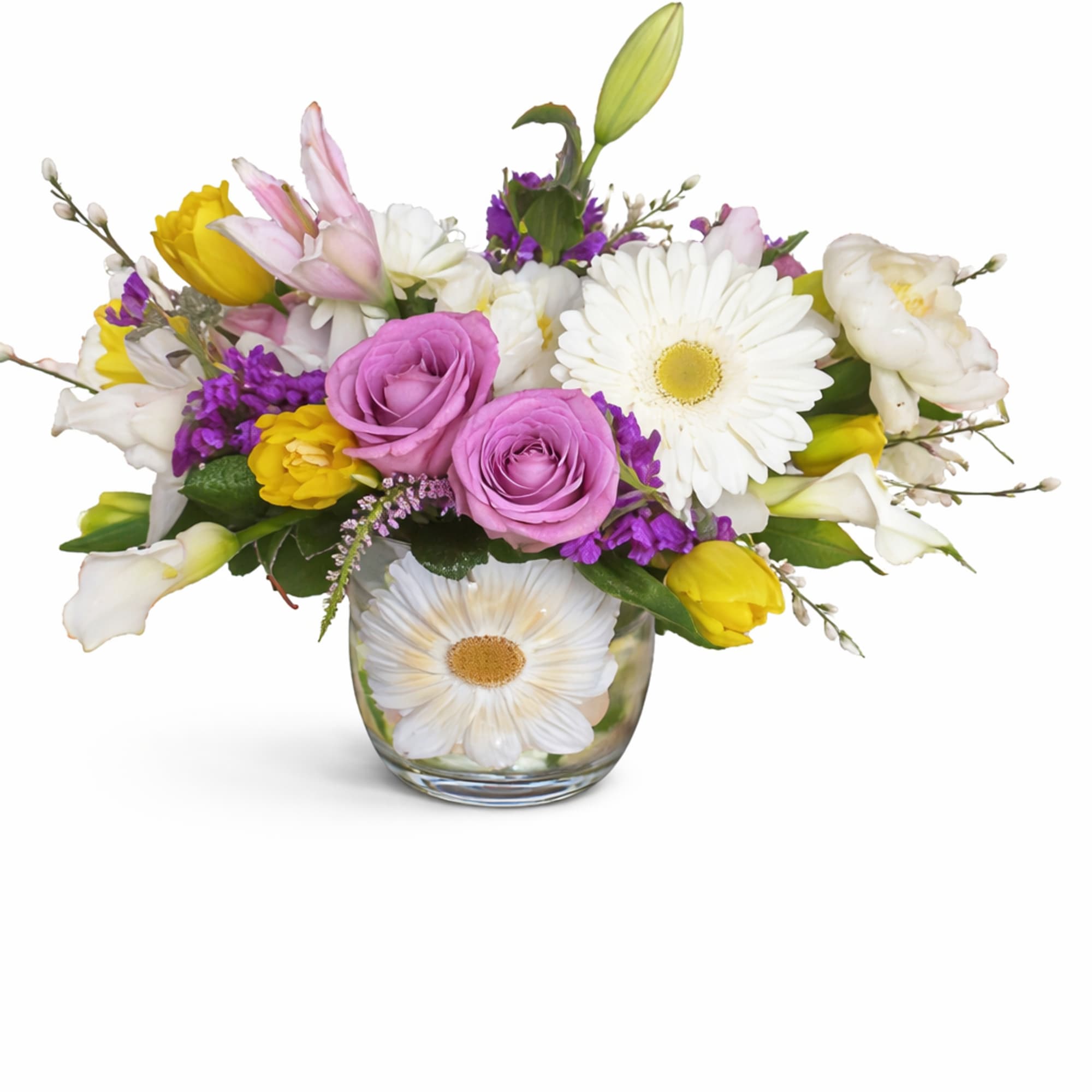 Gerbera daisies, lilies, peonies, roses, tulips, stock, calla lilies, veronica, pussy willow