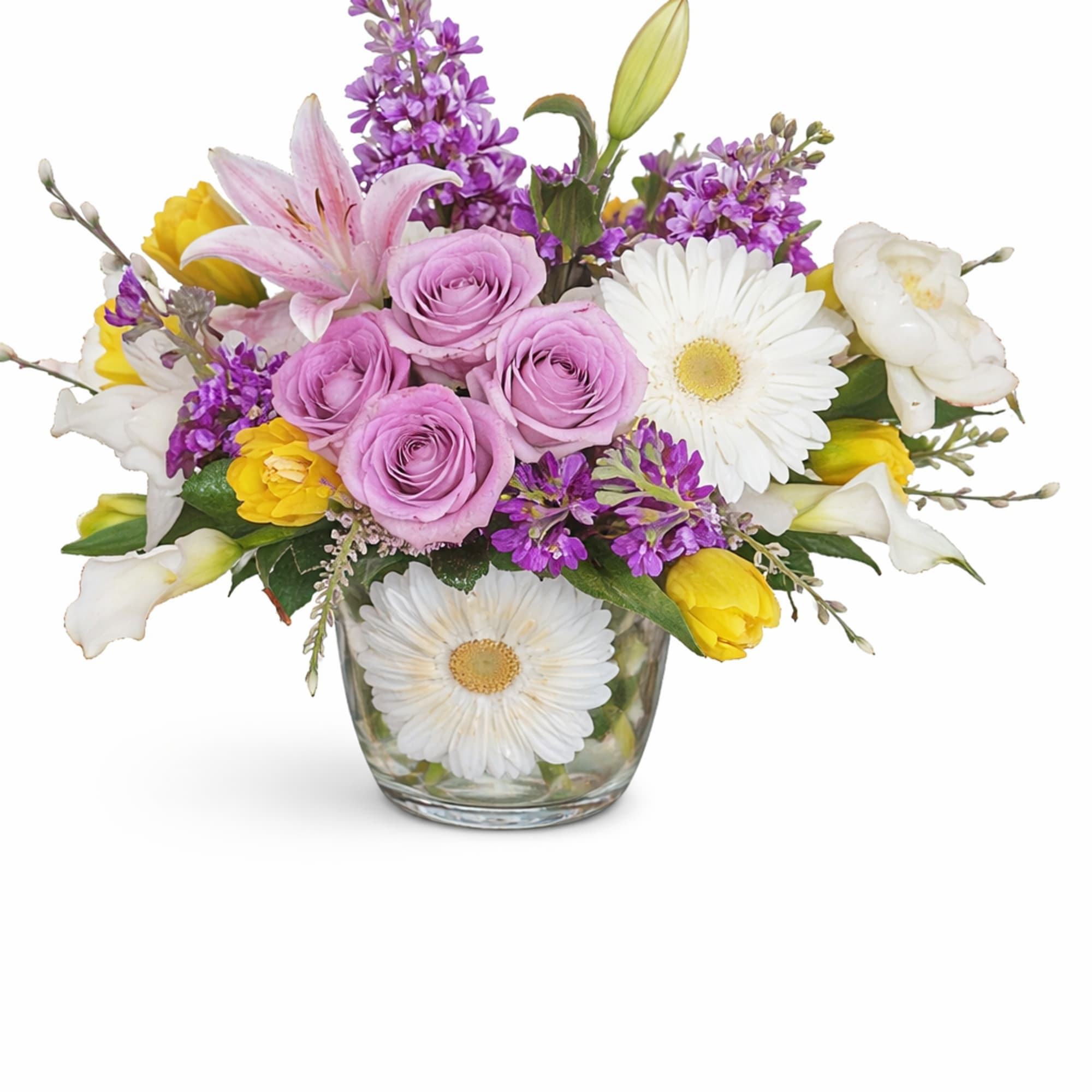 Gerbera daisies, lilies, peonies, roses, tulips, stock, calla lilies, veronica, pussy willow