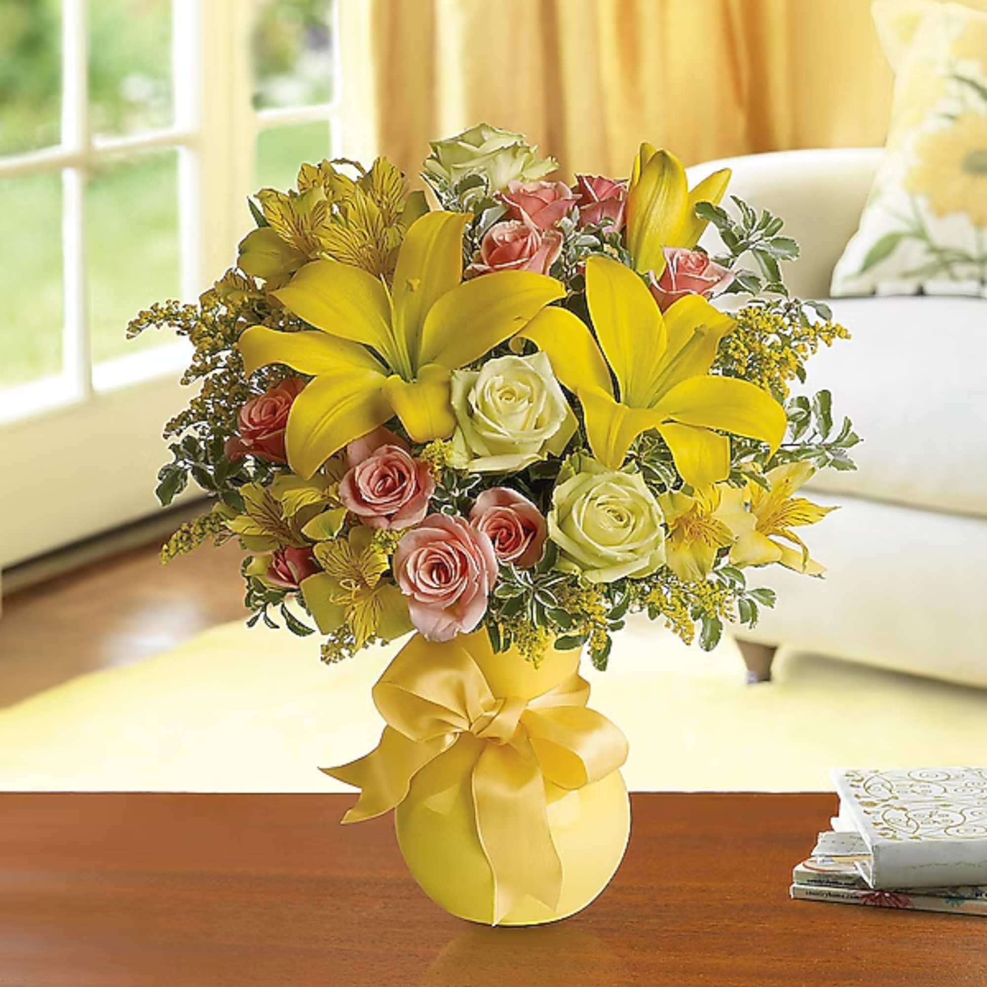 Yellow lilies and pink roses in a yellow vase with a ribbon, photo 2 of 2