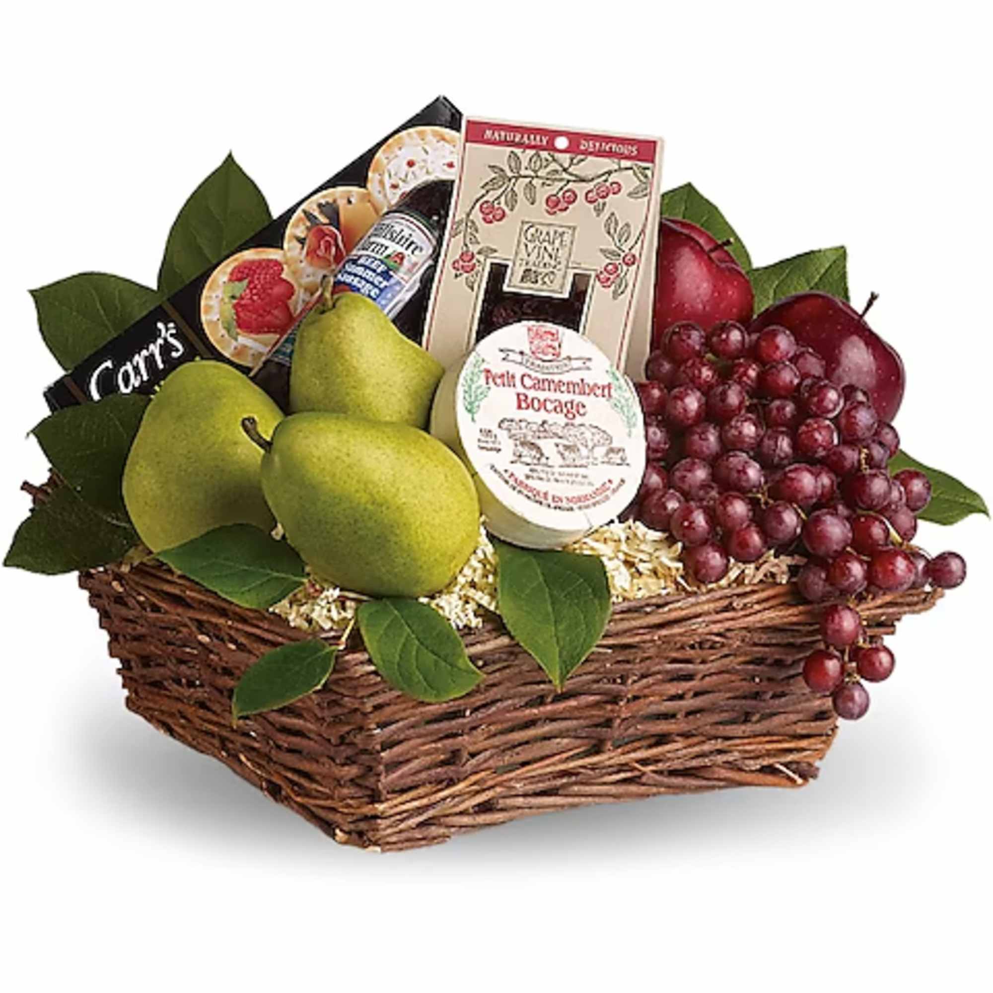 Gift basket with pears, grapes, cheese, and crackers in a wicker tray