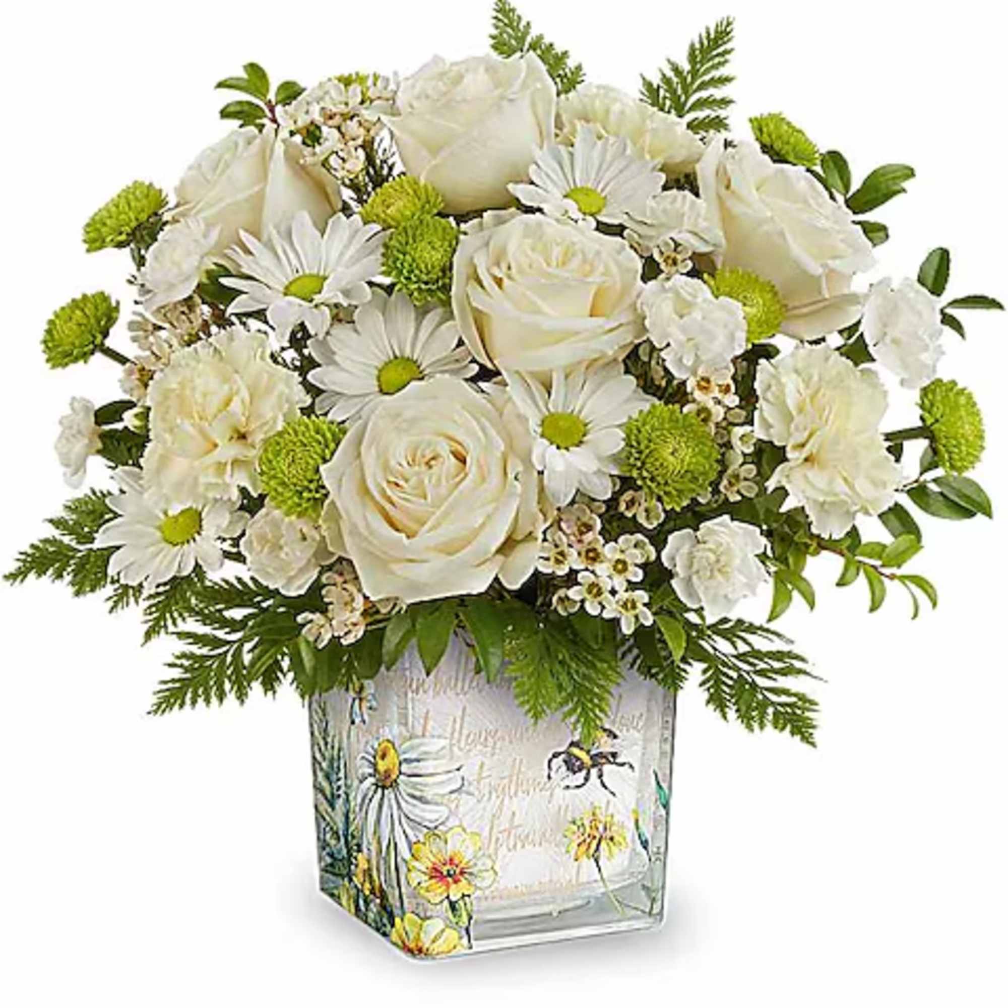 White roses and daisies in a decorated glass vase