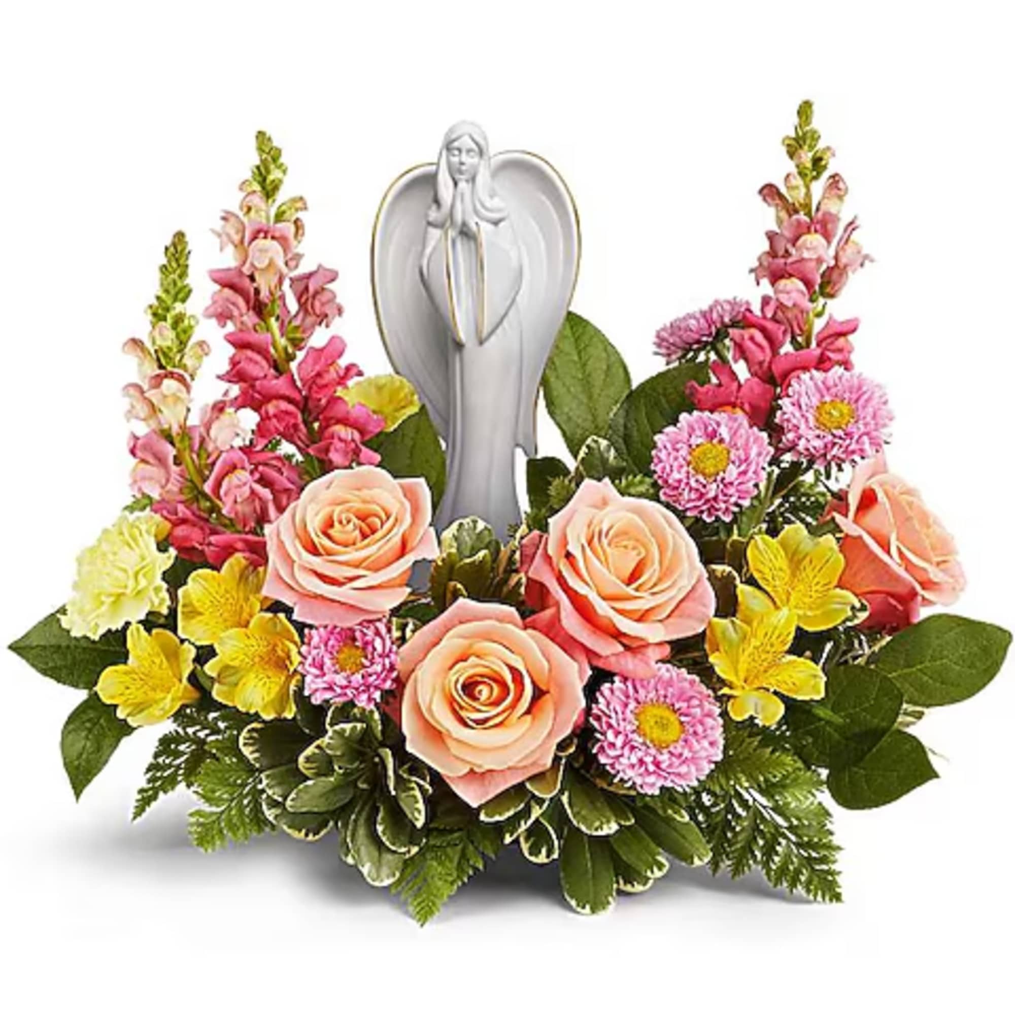Pink and peach roses with yellow and pink flowers around a white angel figurine
