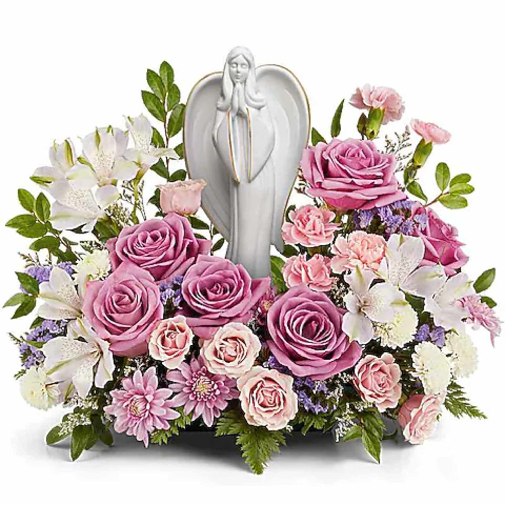 Pink and white floral arrangement with an angel figurine centerpiece