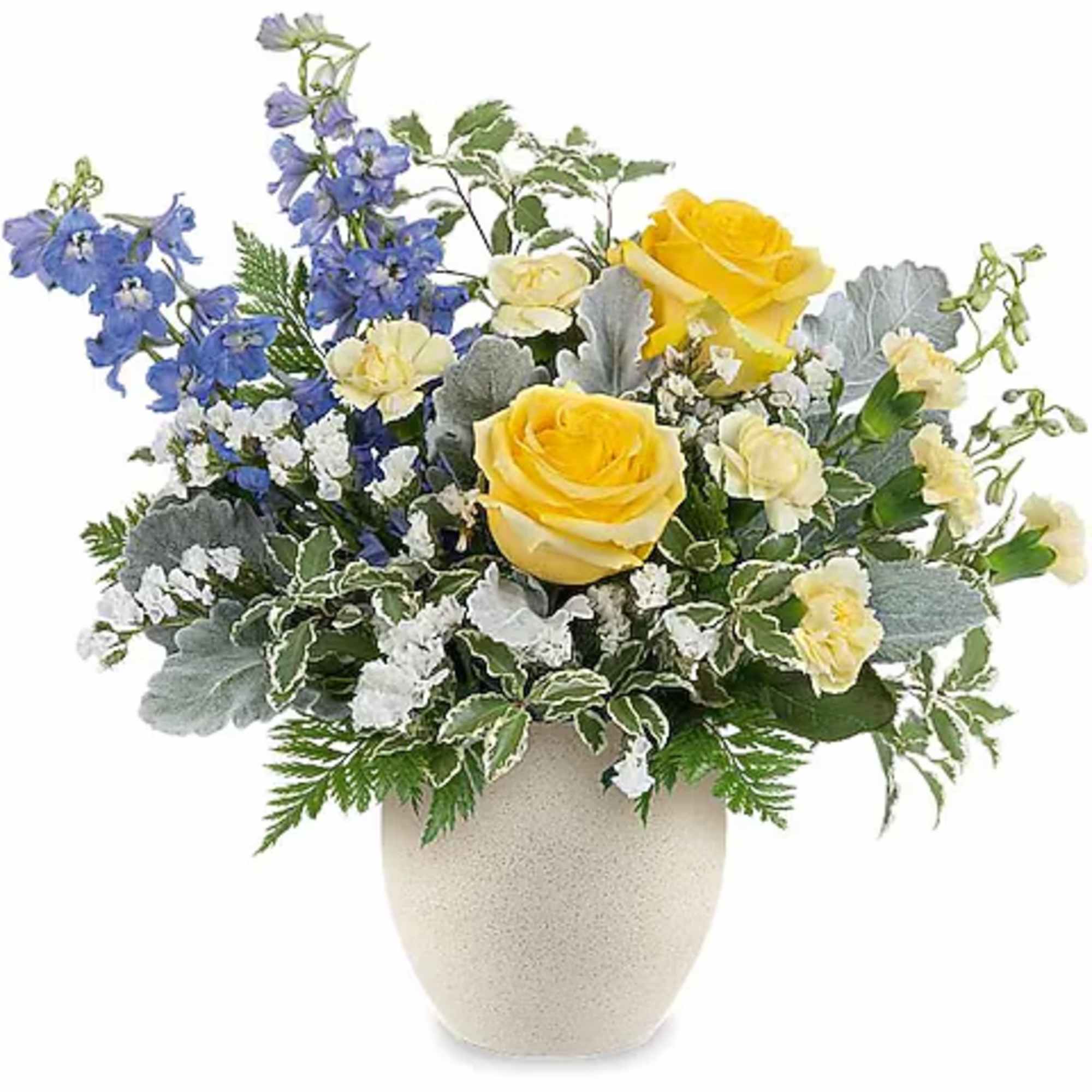 Yellow and blue floral arrangement in a beige vase